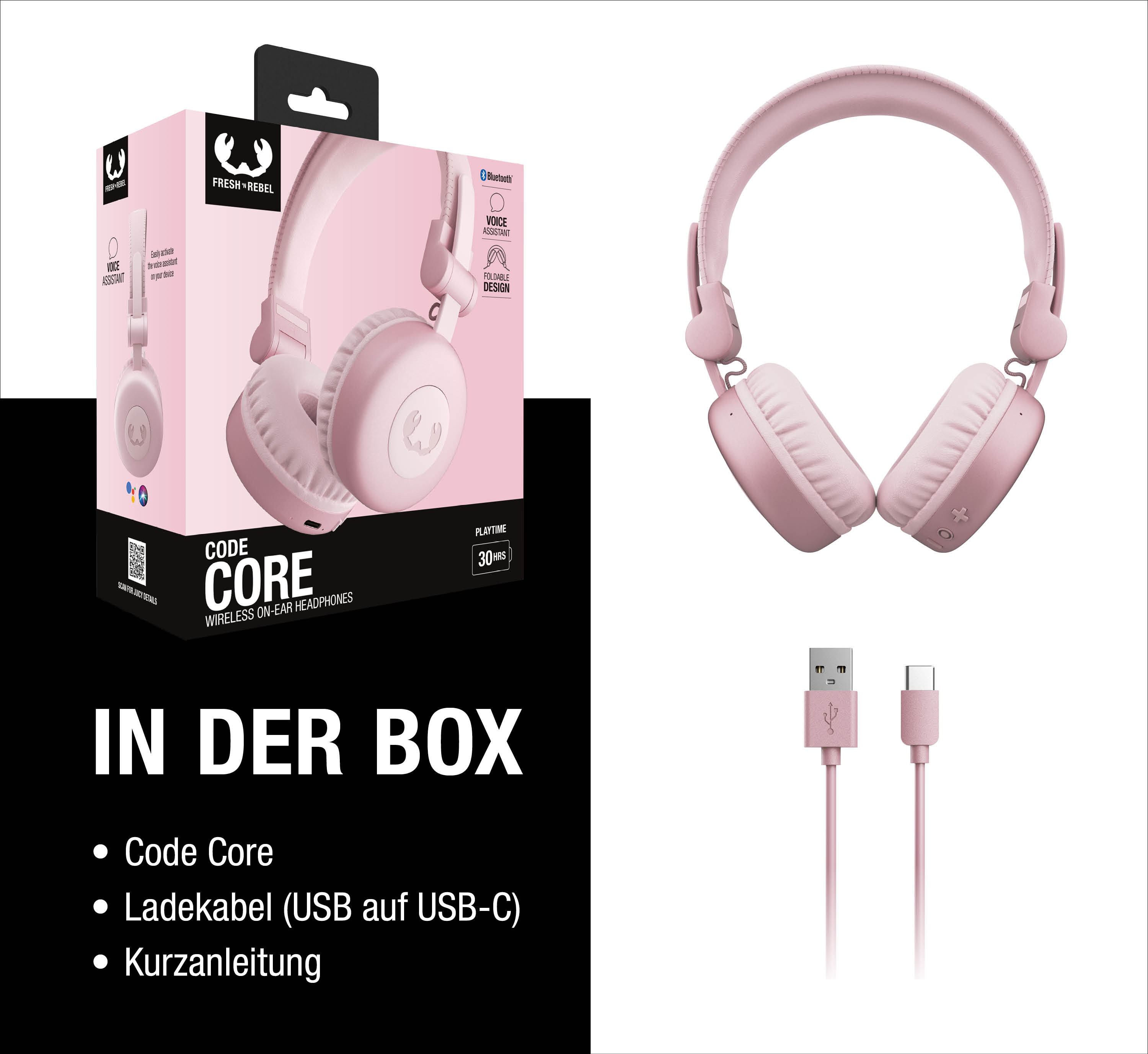 Rosa Kopfhörer und Zubehör im Paket. Enthält Kopfhörer, USB-Kabel, Anleitung.