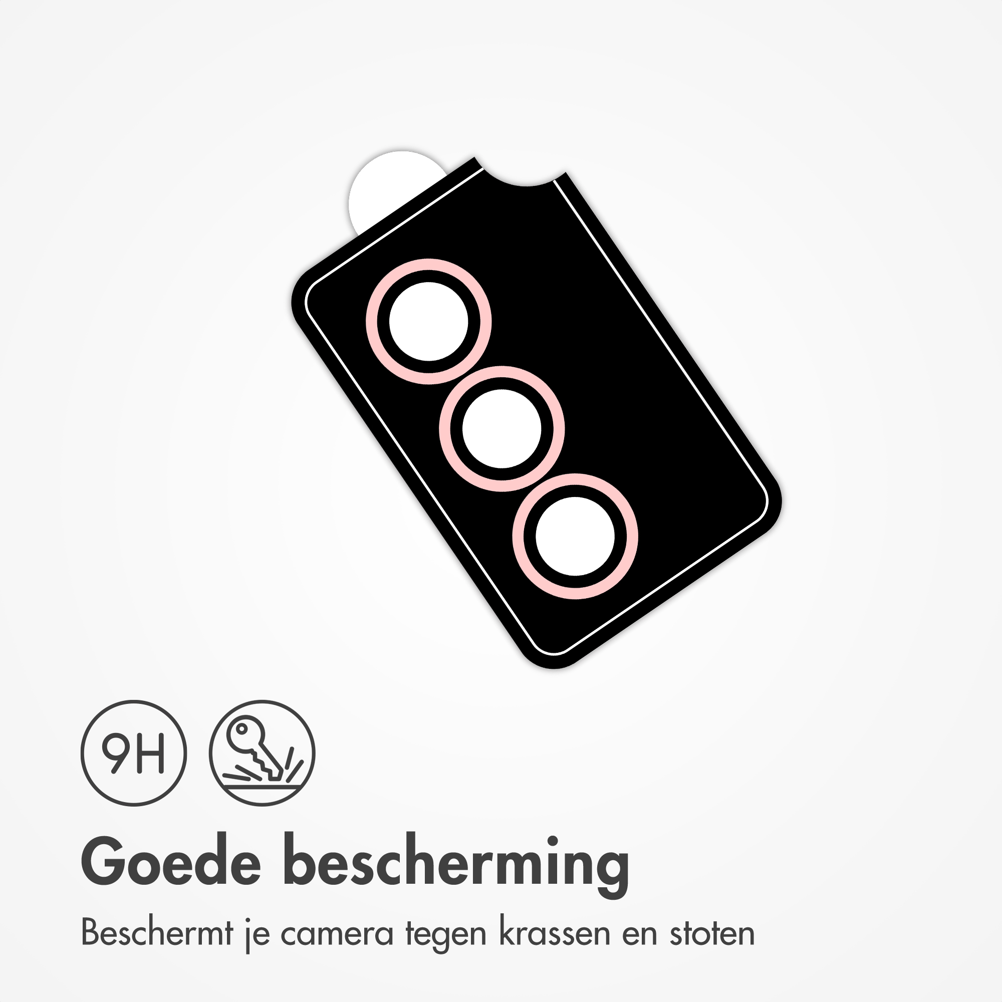 Zwarte cameraprotector met 3 lenzen en 9H hardheid.