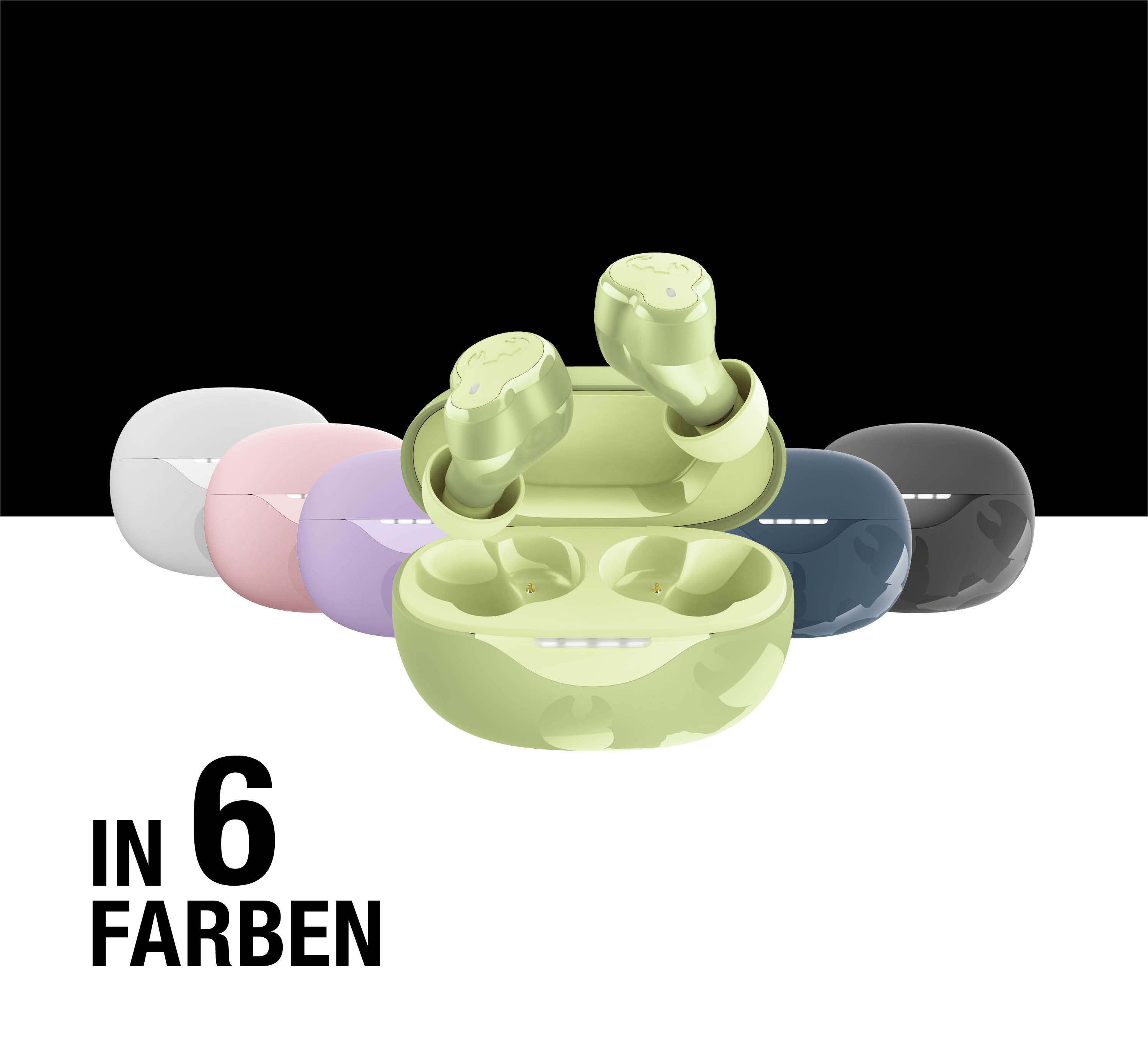 Sechs farbige Ladeetuis für kabellose Ohrhörer.