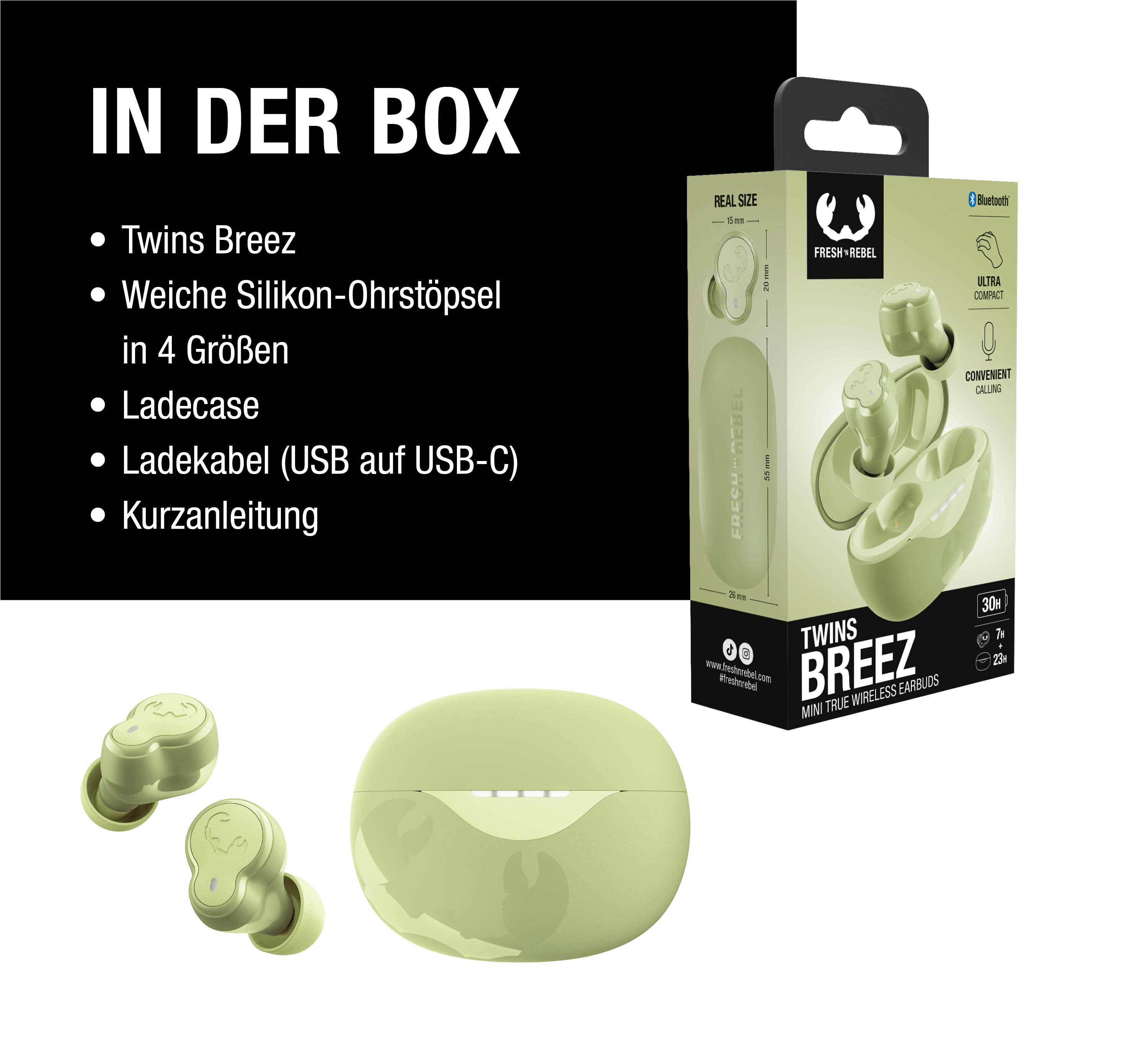 Packungsinhalt mit Ohrhörern, Ladecase, Kabel und Anleitung. Maße angegeben.