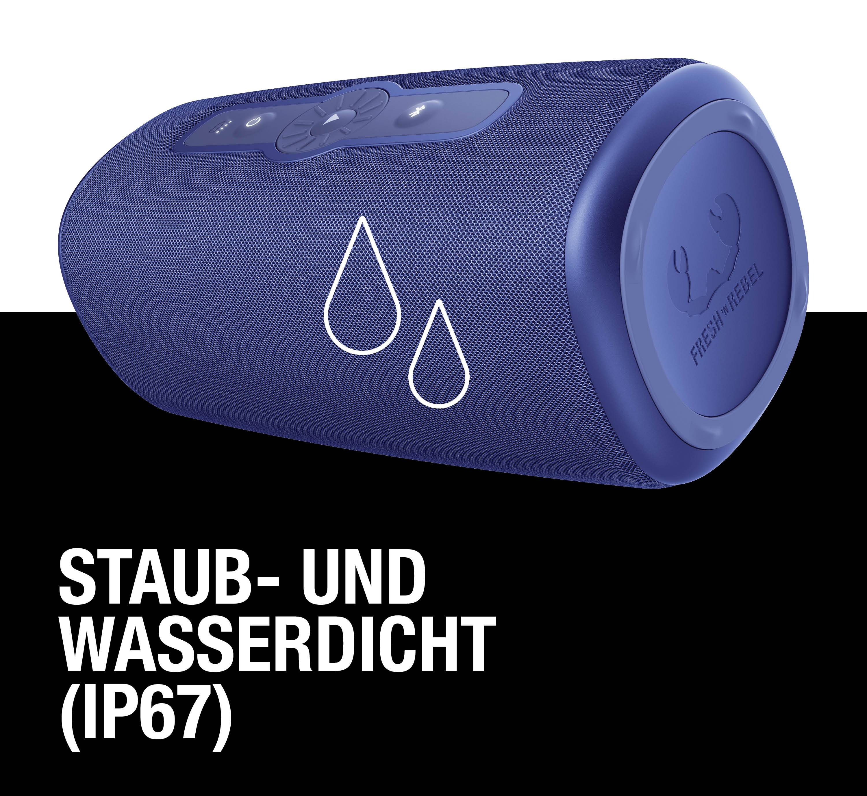 Blaue, staub- und wasserdichte Bluetooth-Box mit Bedienelementen und Wassertropfensymbol.
