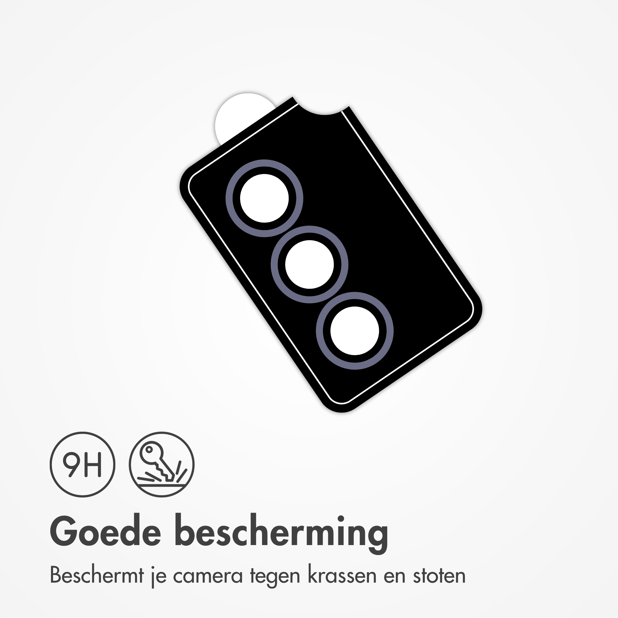 Zwarte cameramodule met drie lenzen, 9H bescherming en sleutelpictogram.