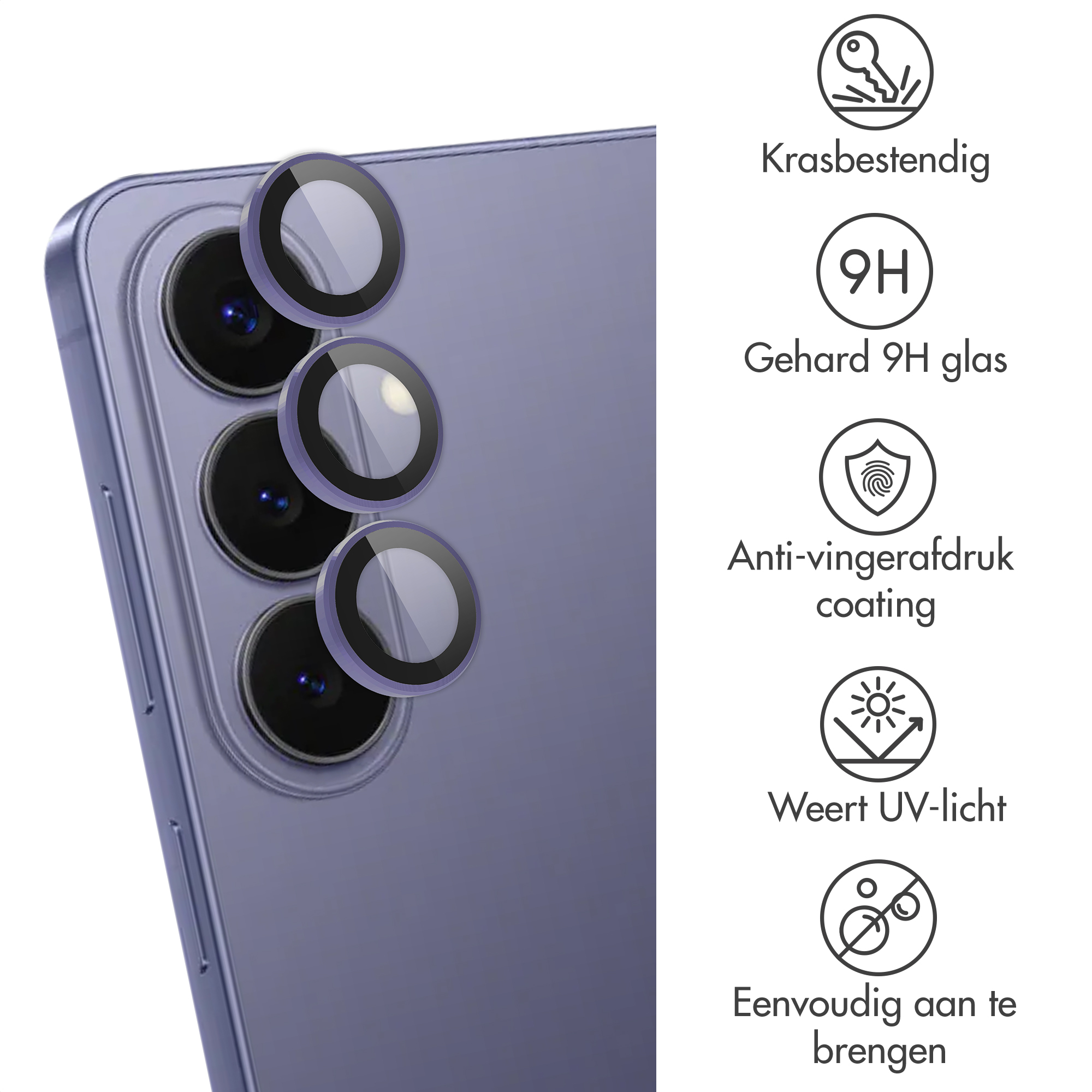 Paarse smartphone camera met beschermfolies en iconen: krasbestendig, 9H glas.