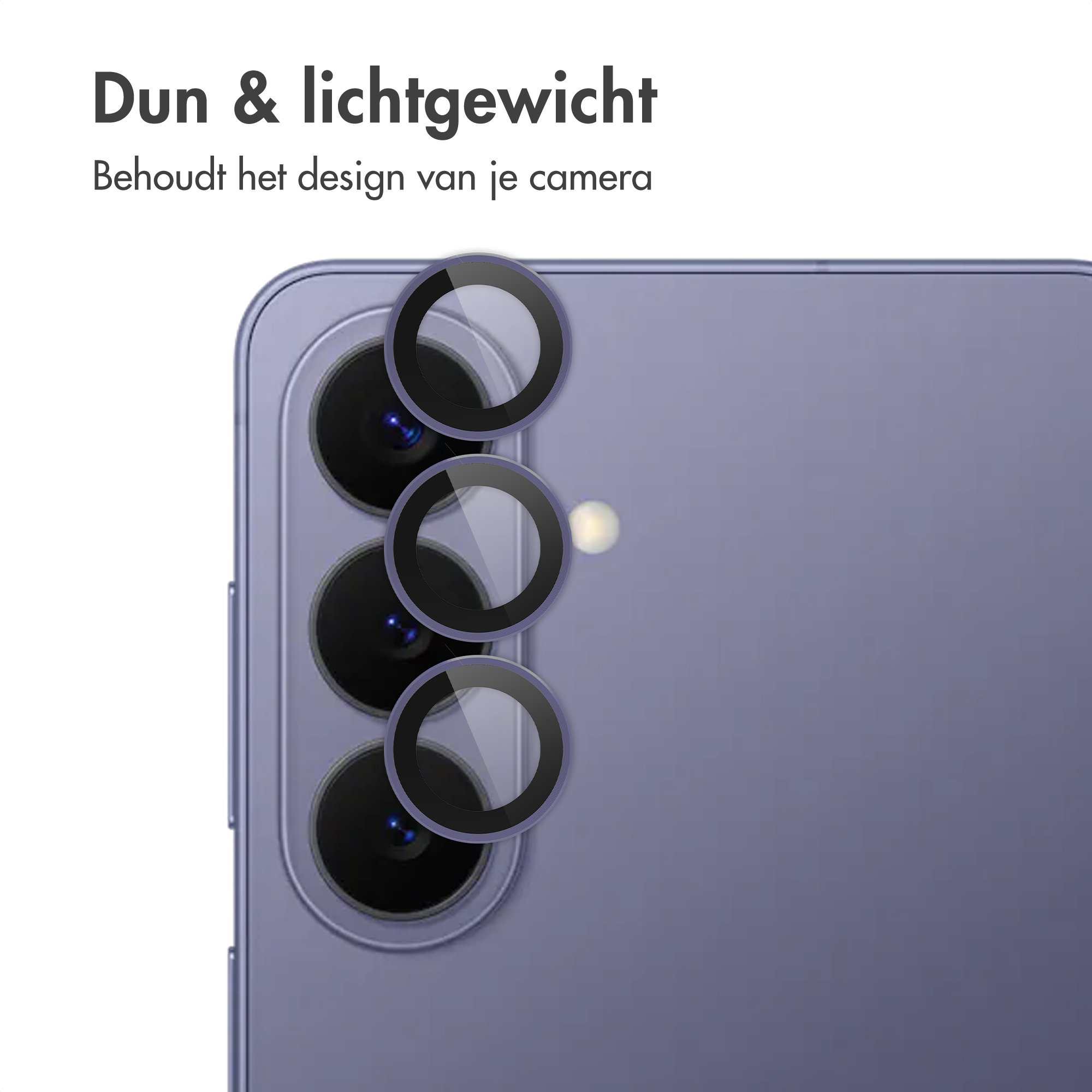 Dunne beschermringen voor de camera van een paarse smartphone.