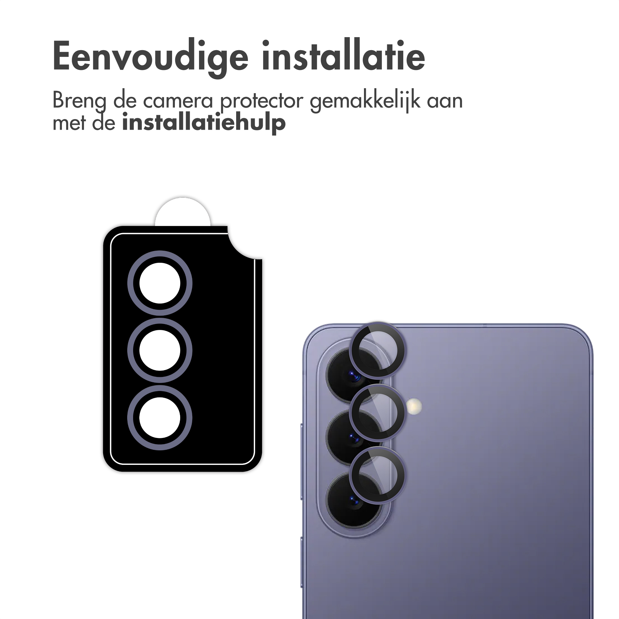 Drie zwarte lensbeschermers op een paars telefoonmodel.