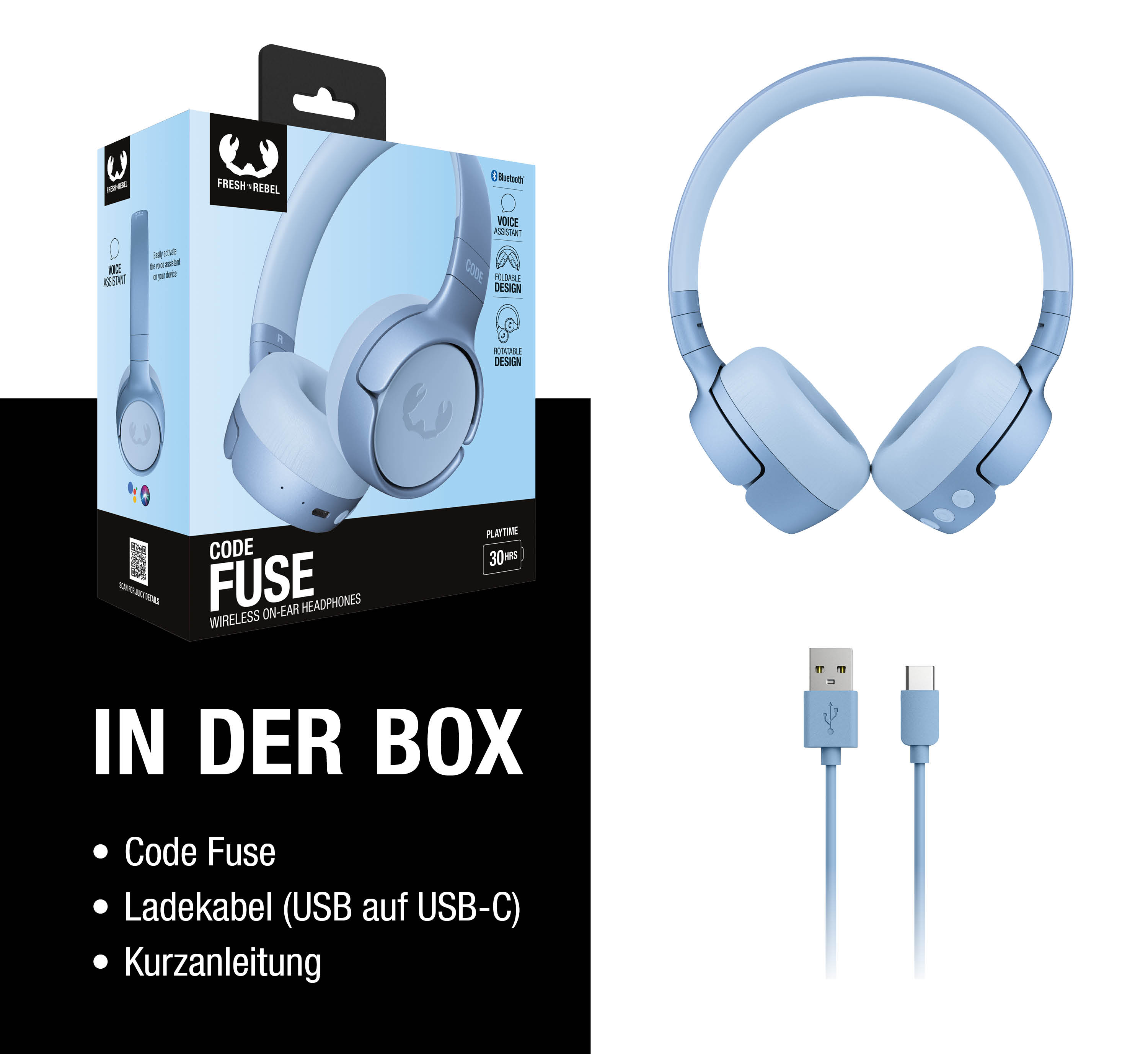 Auriculares inalámbricos azules con cable de carga y embalaje.
