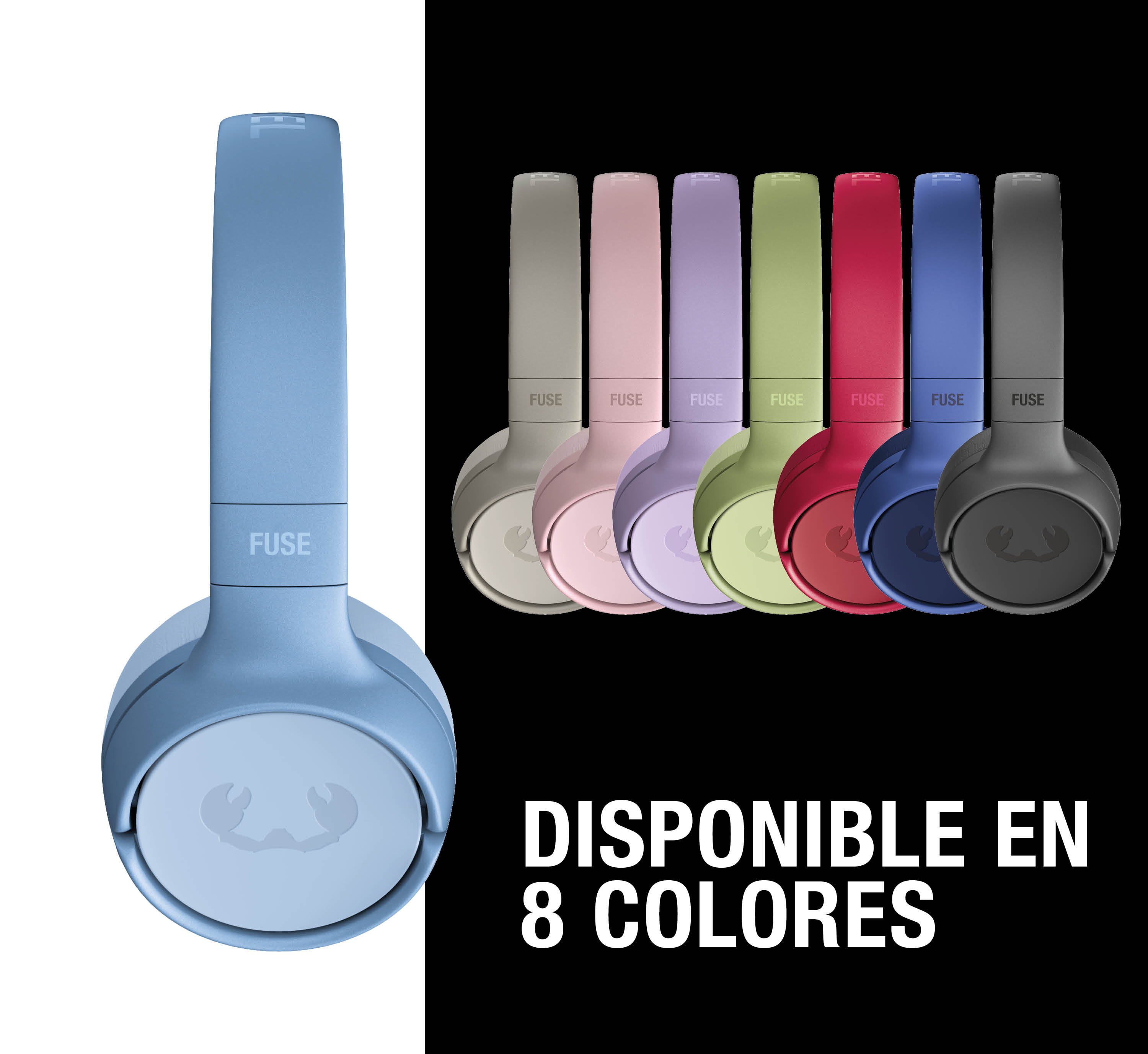 Un audífono azul a la izquierda, junto a otros siete en gris, rosa, morado, verde, rojo, azul, negro.