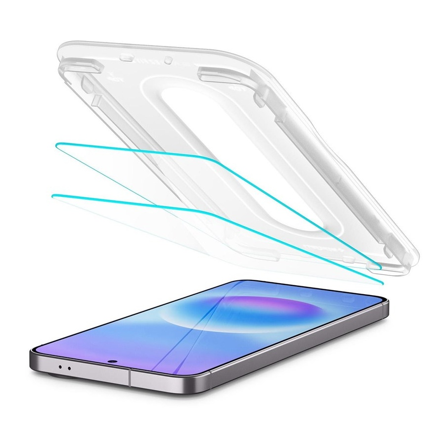 Una custodia trasparente per telefono fluttua sopra uno smartphone con schermo blu.