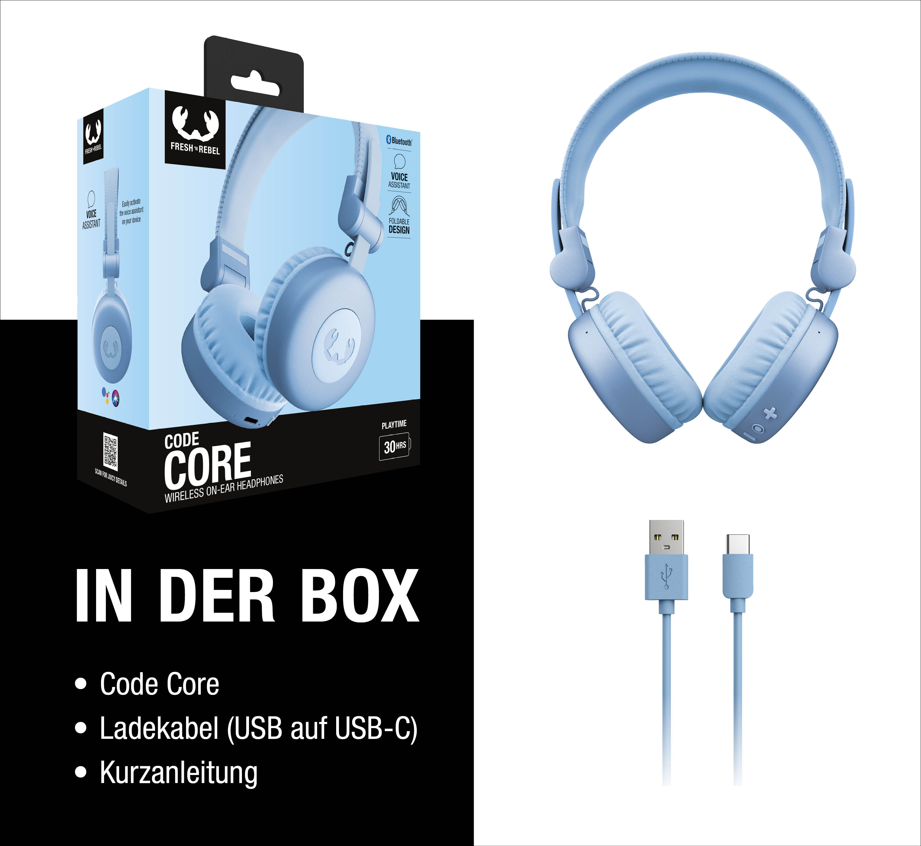 Hellblaue Kopfhörer und Ladekabel, mit Verpackung und Text.