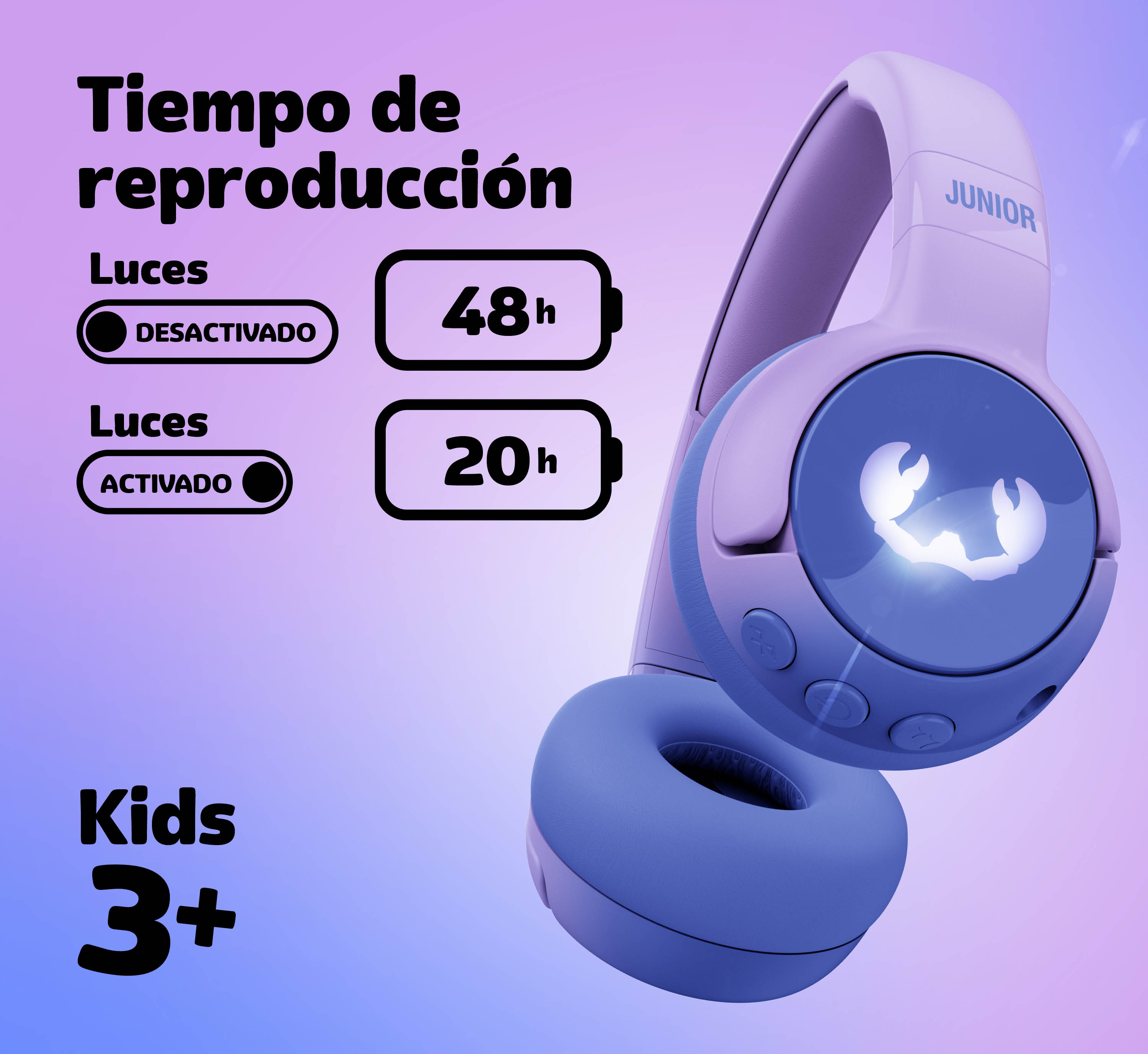 Auriculares azules para niños "JUNIOR". Reproducción: 48h (luces apagadas), 20h (luces encendidas).