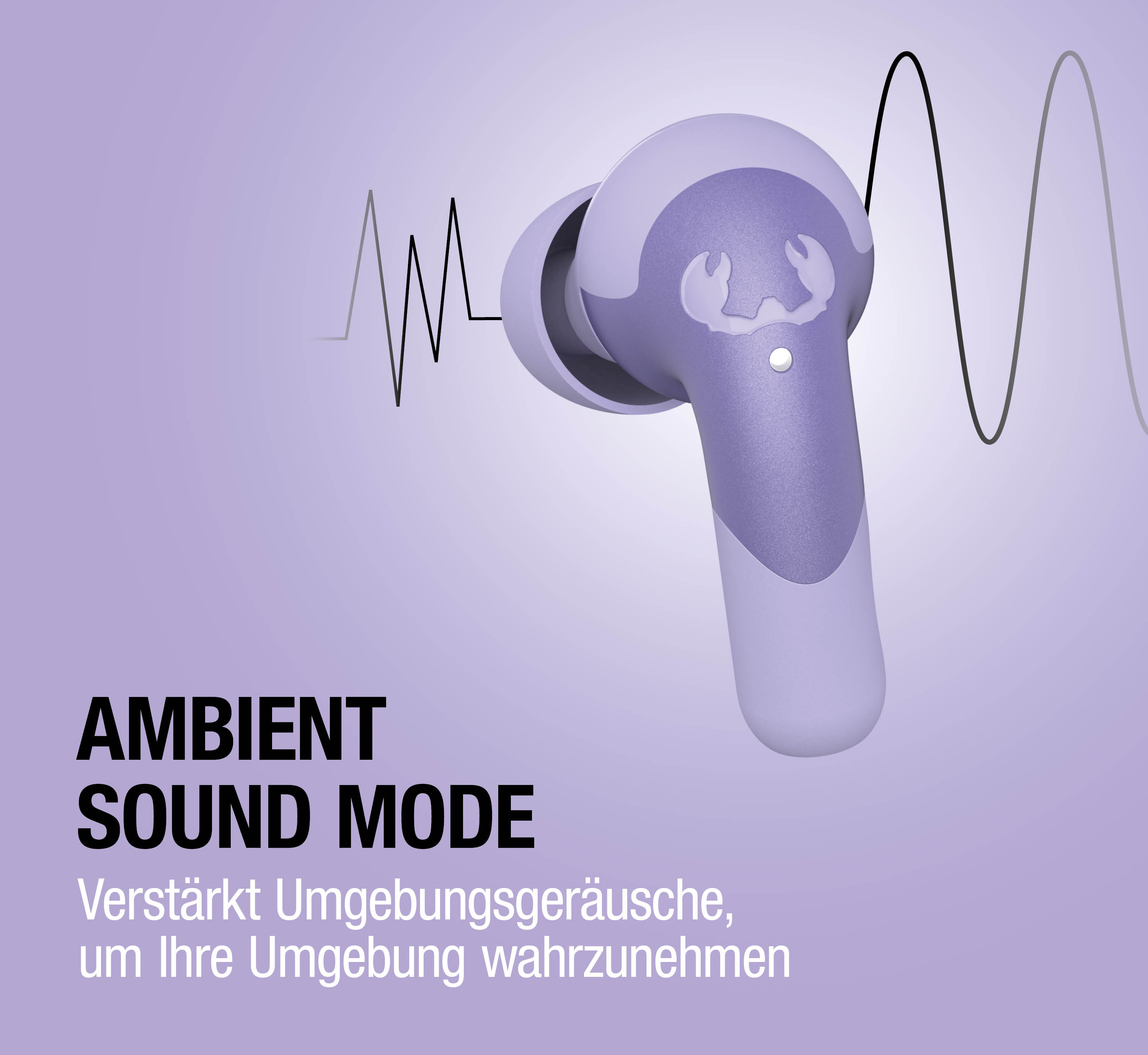 Ein lila Ohrhörer mit einem Krebslogo und Schallwellen auf einem lila Hintergrund.