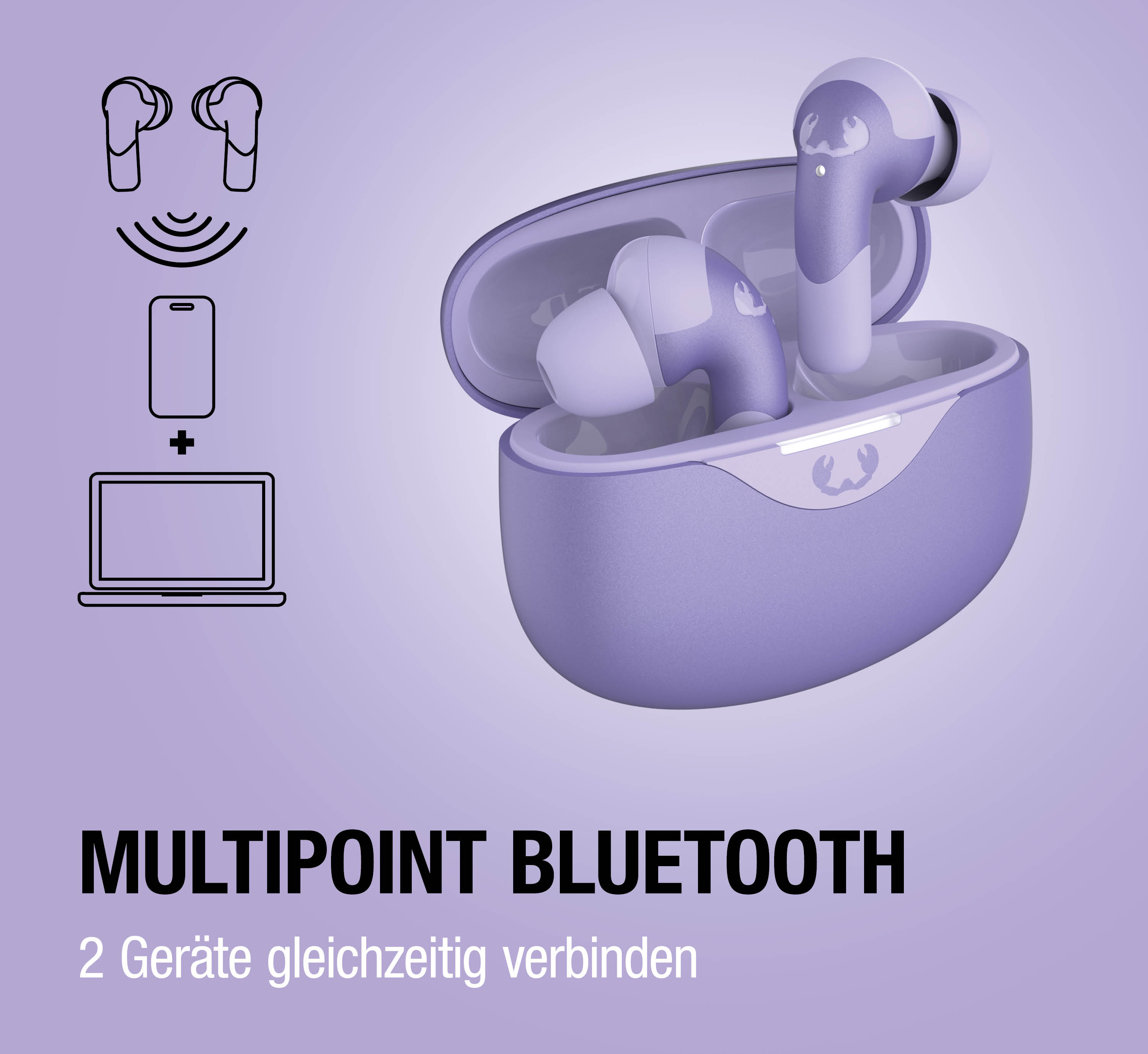 Lila Ohrhörer in einer Ladebox mit Symbolen für Smartphone und Laptop.