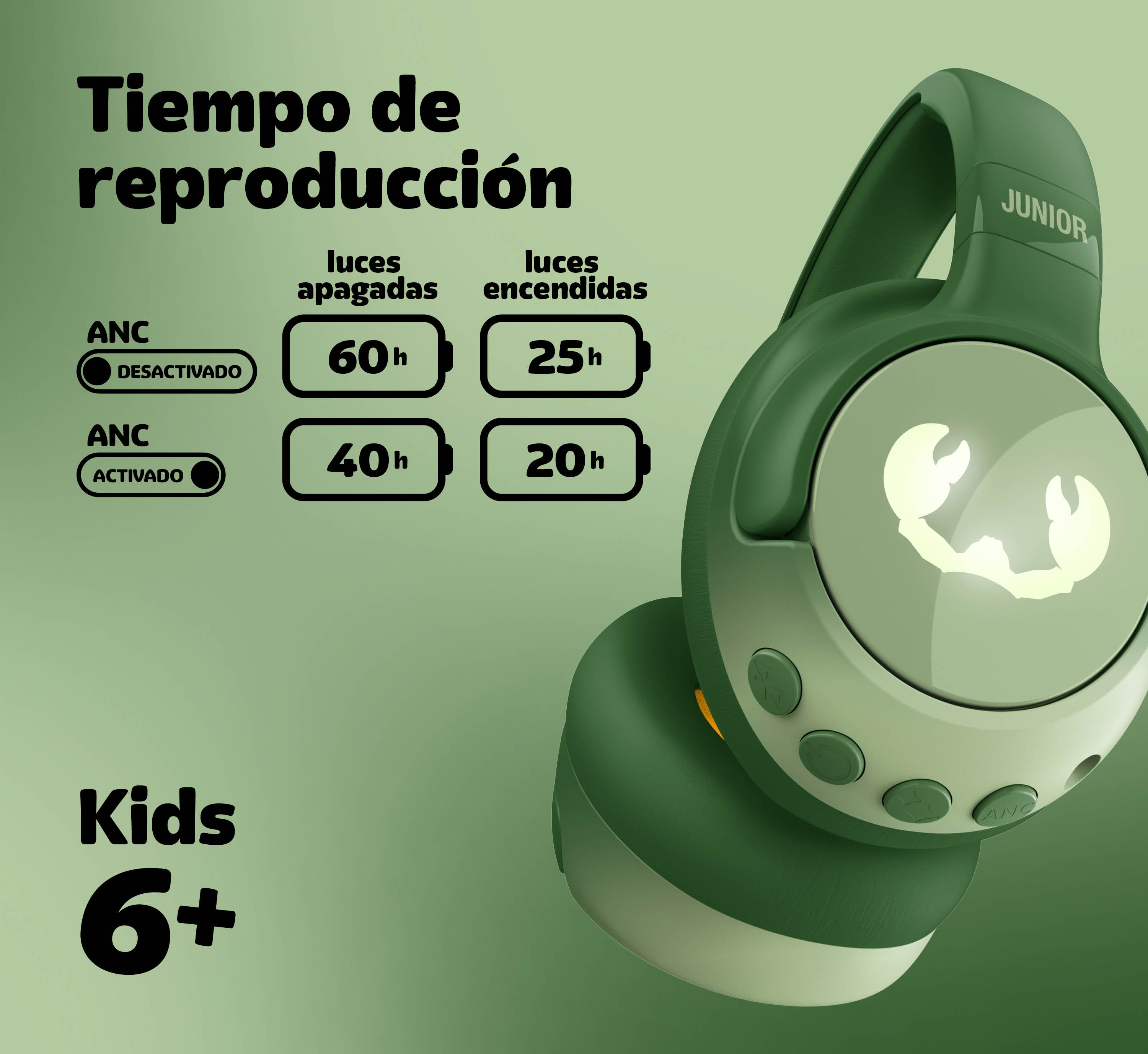 Auriculares verdes con info de tiempo de reproducción y ANC. Para niños 6+.