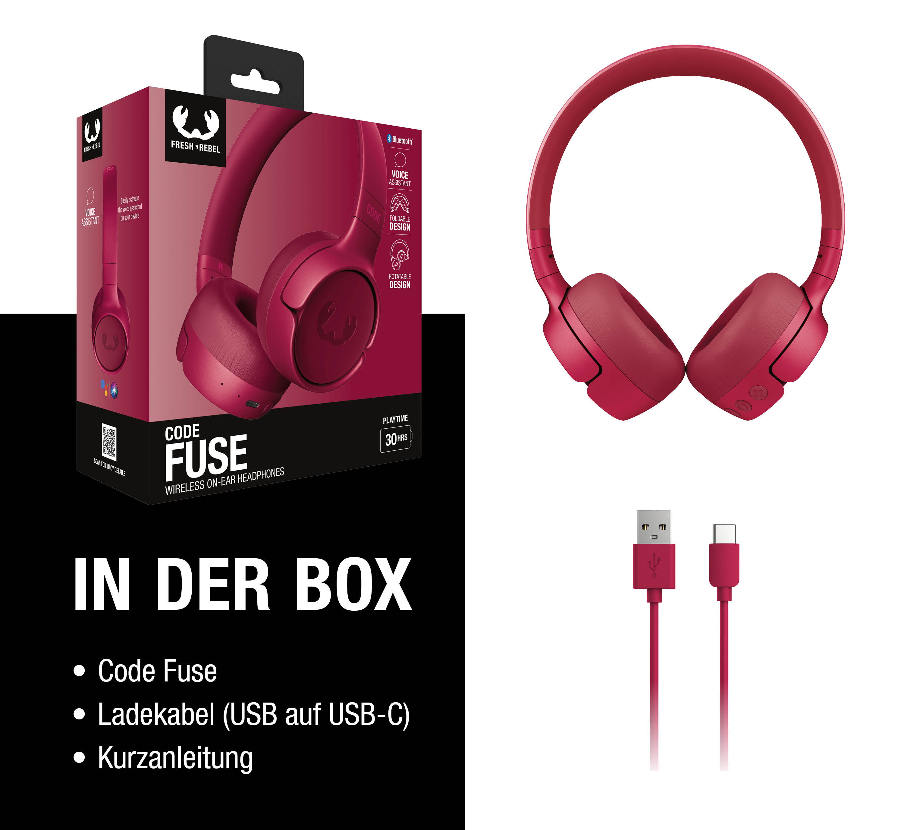 Auriculares rojos Fresh 'n Rebel con embalaje y cable de carga.