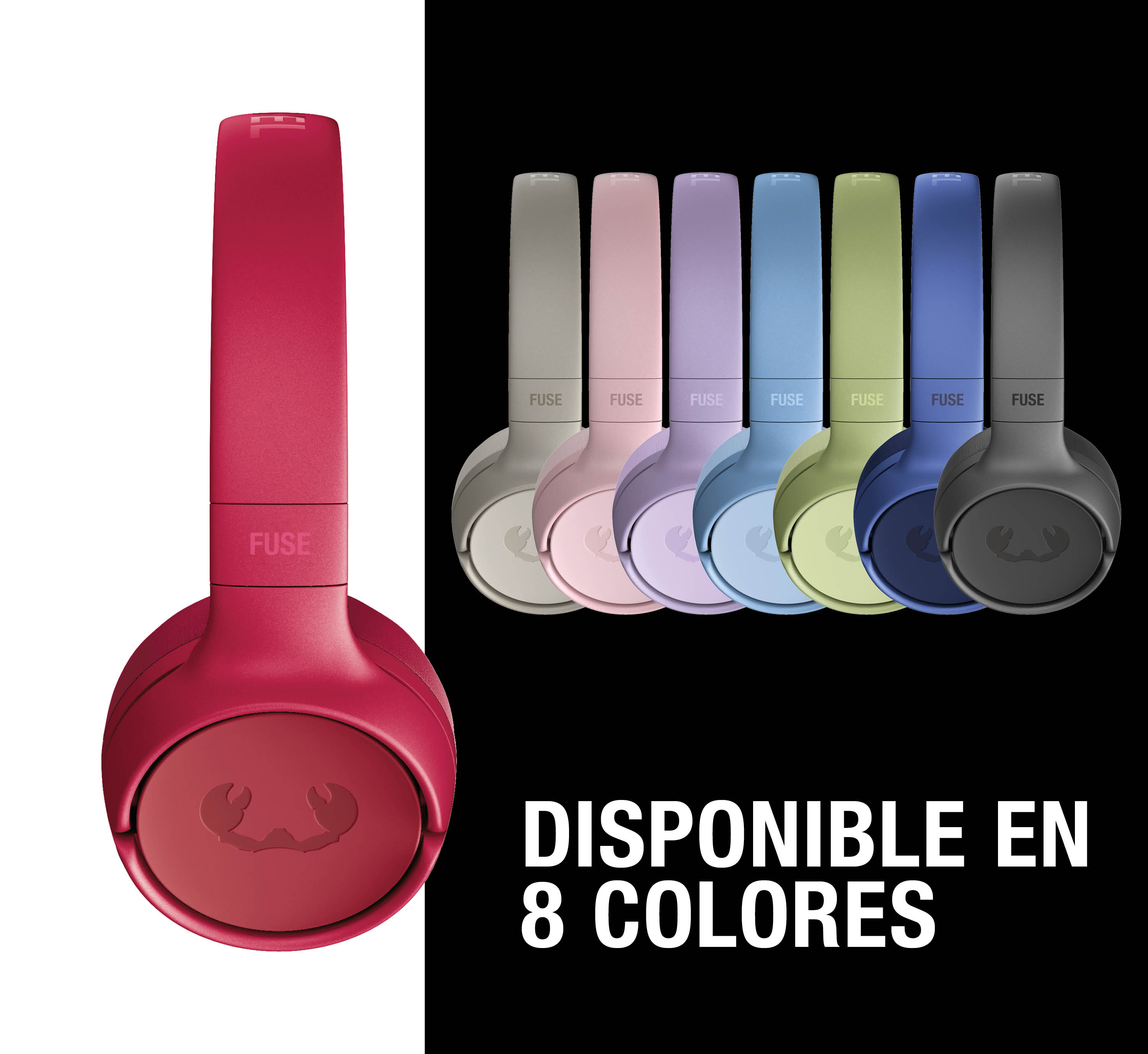 Unos auriculares rojos a la izquierda y otros siete en varios colores a la derecha.