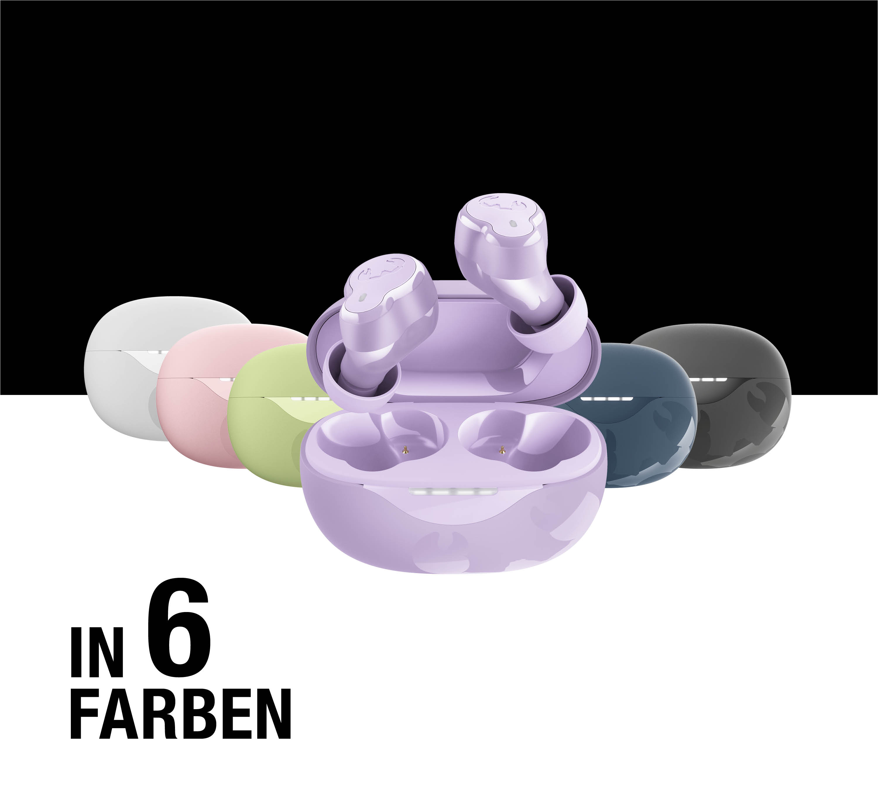 Sechs Paar kabellose Ohrhörer in verschiedenen Farben auf weißem und schwarzem Hintergrund.