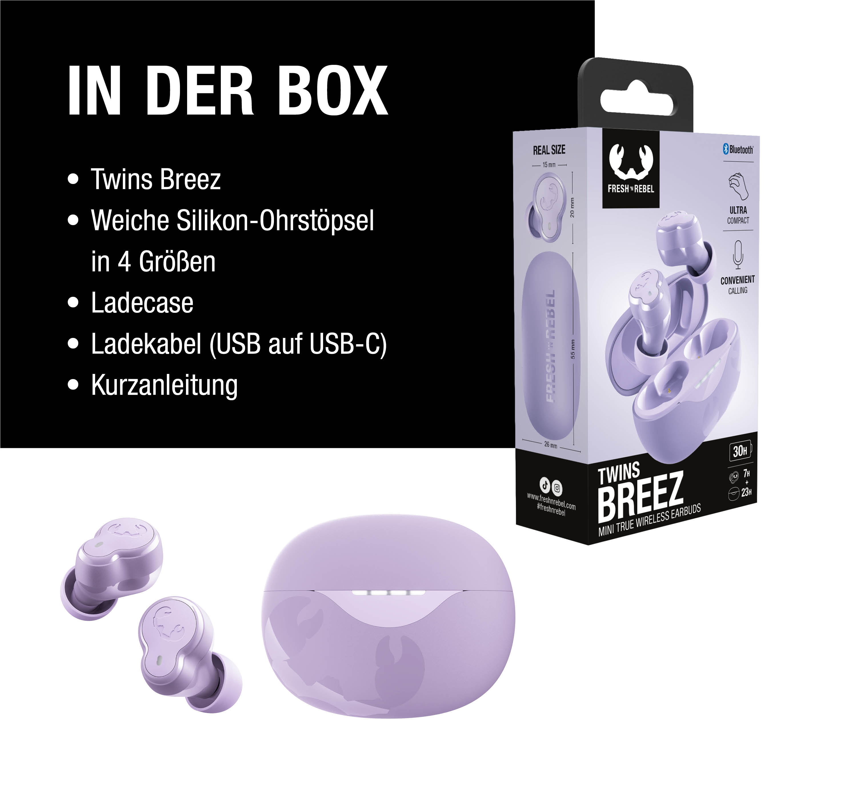 Lila kabellose Ohrhörer mit Ladecase und einer Liste der Lieferumfang-Elemente.