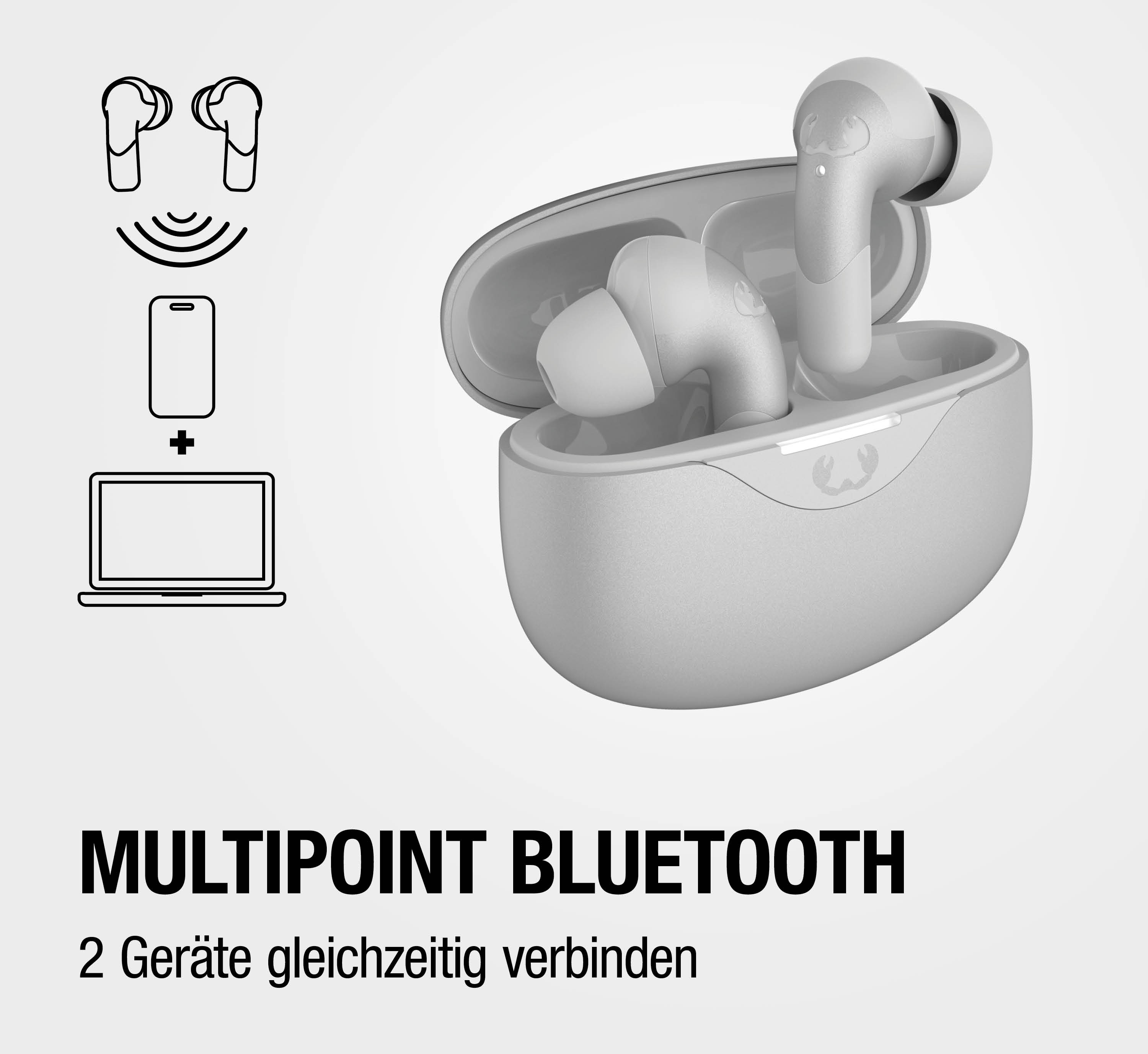 Graue kabellose Ohrhörer in einem Ladeetui mit Symbolen für Bluetooth-Verbindung.