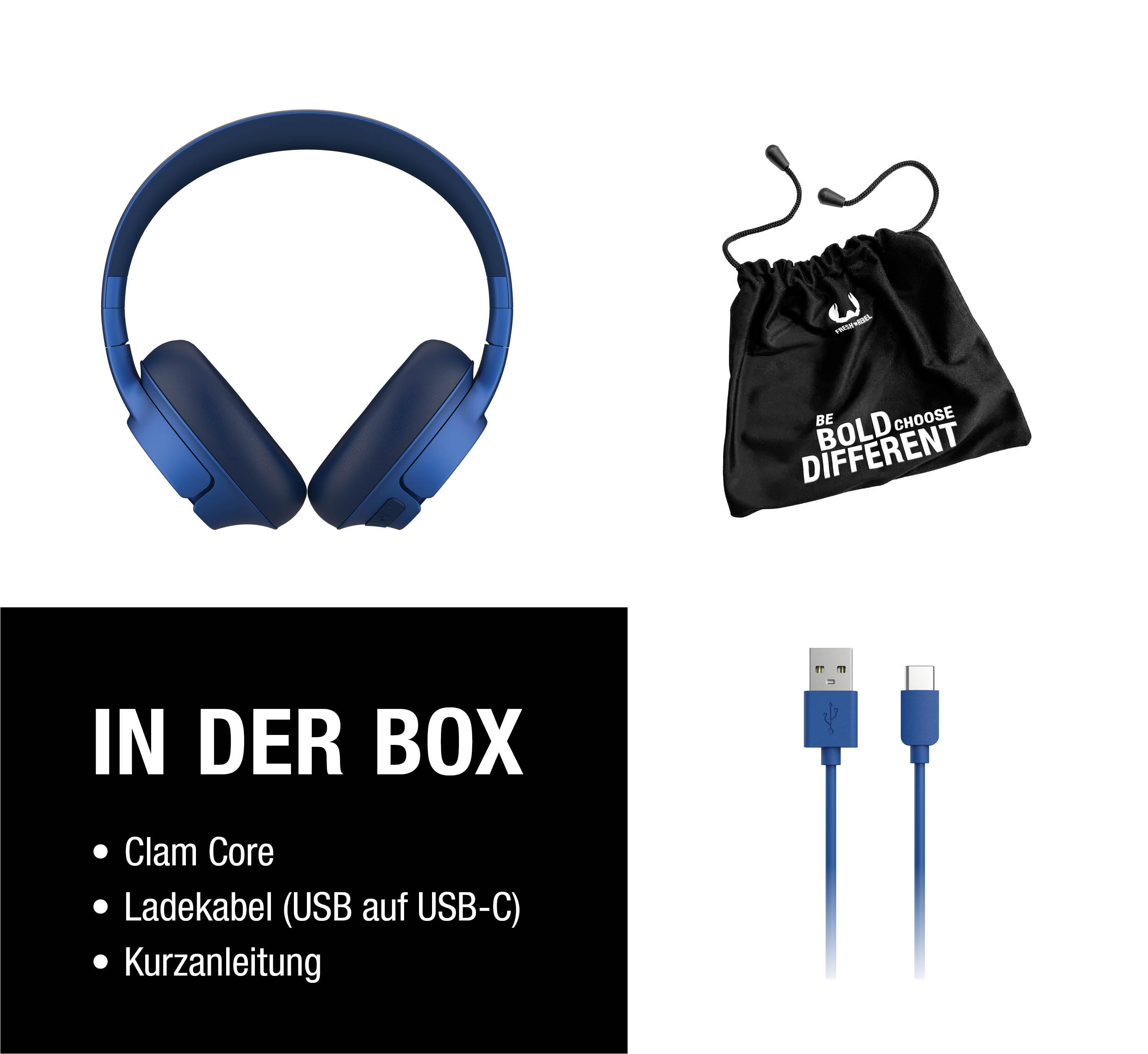 Blaue Kopfhörer, schwarzer Beutel mit Aufschrift, USB-Kabel und Text 'In der Box'.