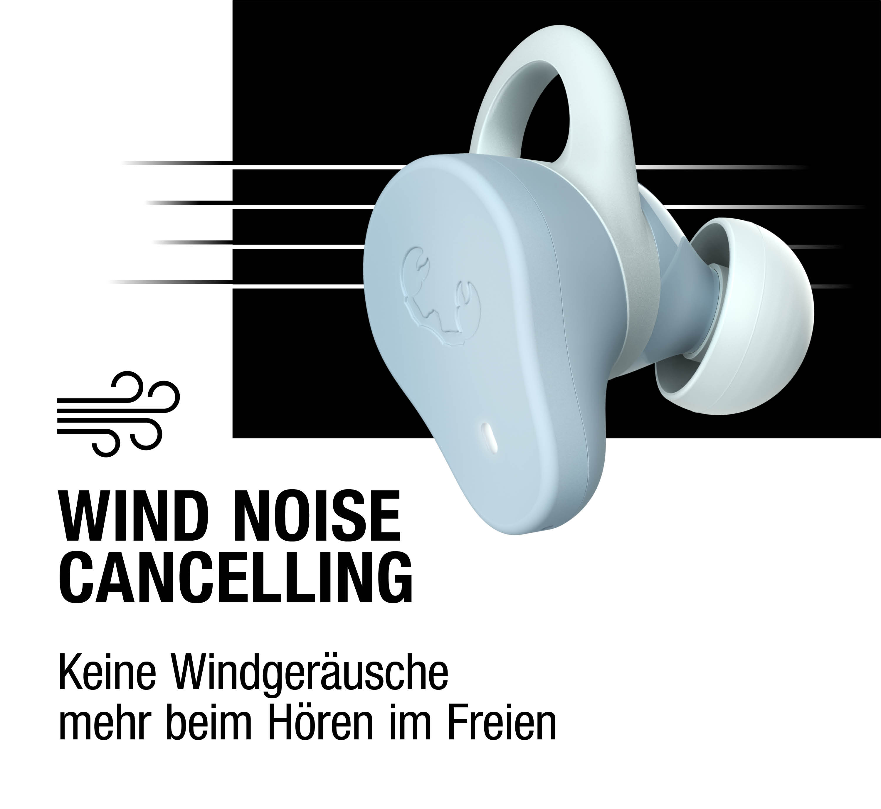 Hellblaue Kopfhörer mit Windgeräuschunterdrückung und Logo.