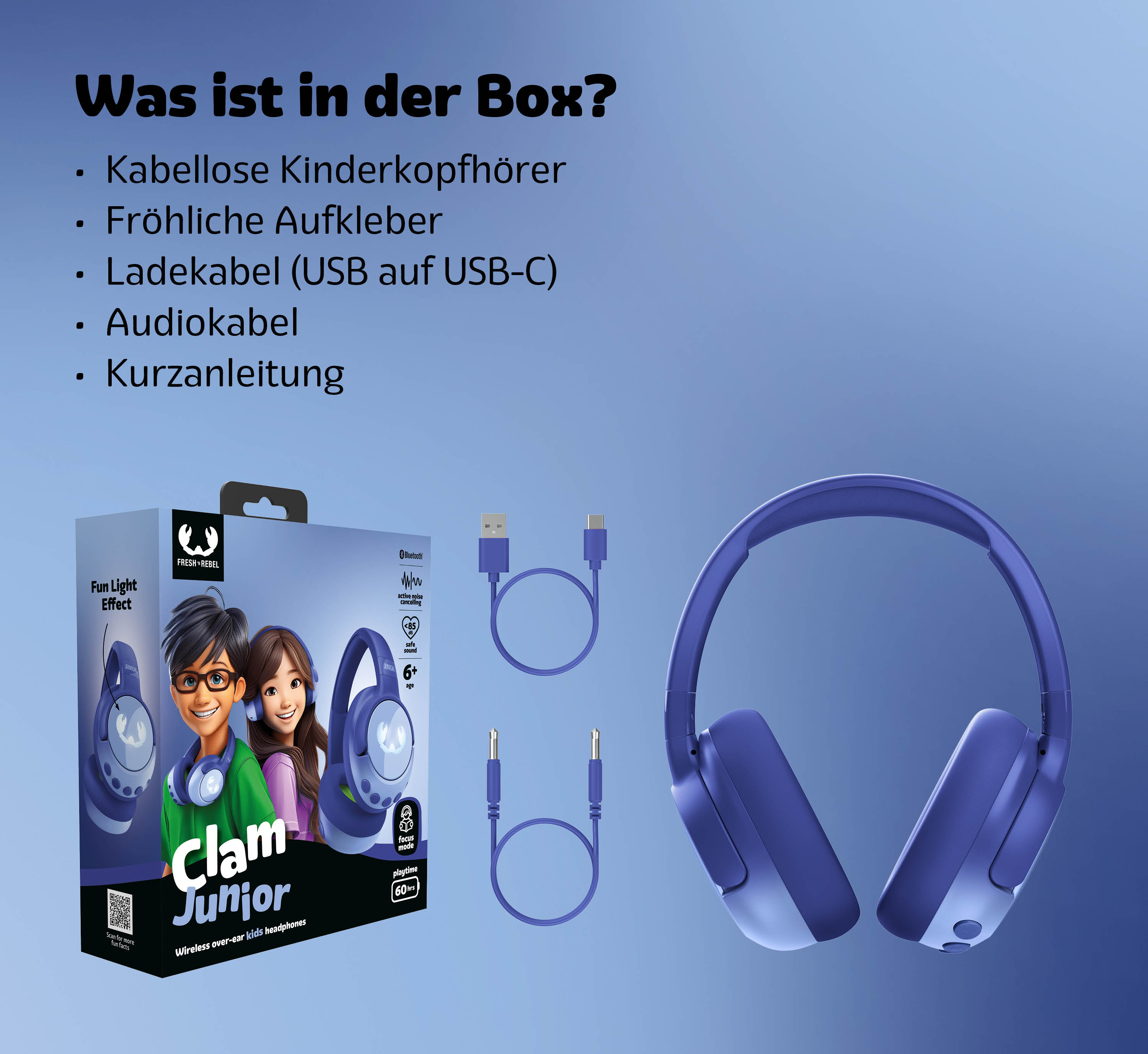 Verpackung mit Kopfhörern, Kabeln und Aufklebern für Kinder.