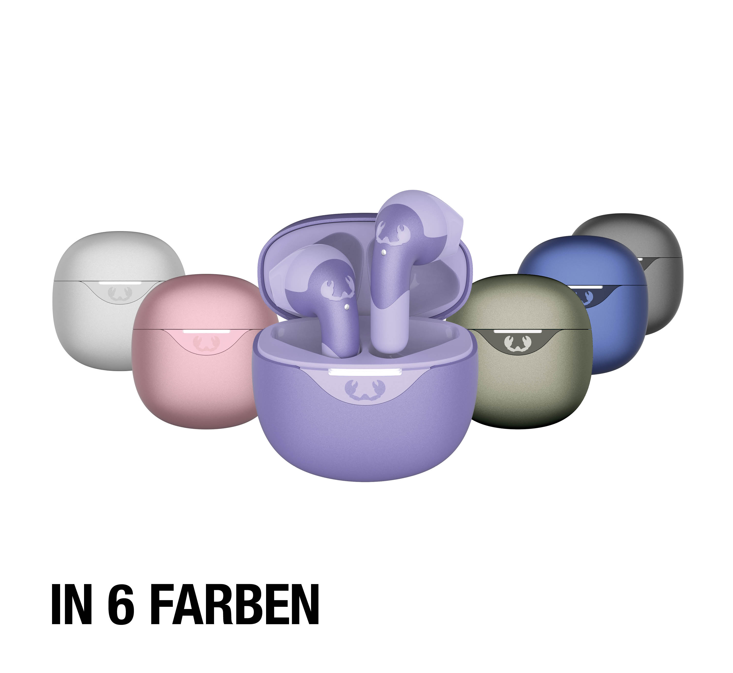 Eine Auswahl von sechs kabellosen Ohrhörern in verschiedenen Farben.