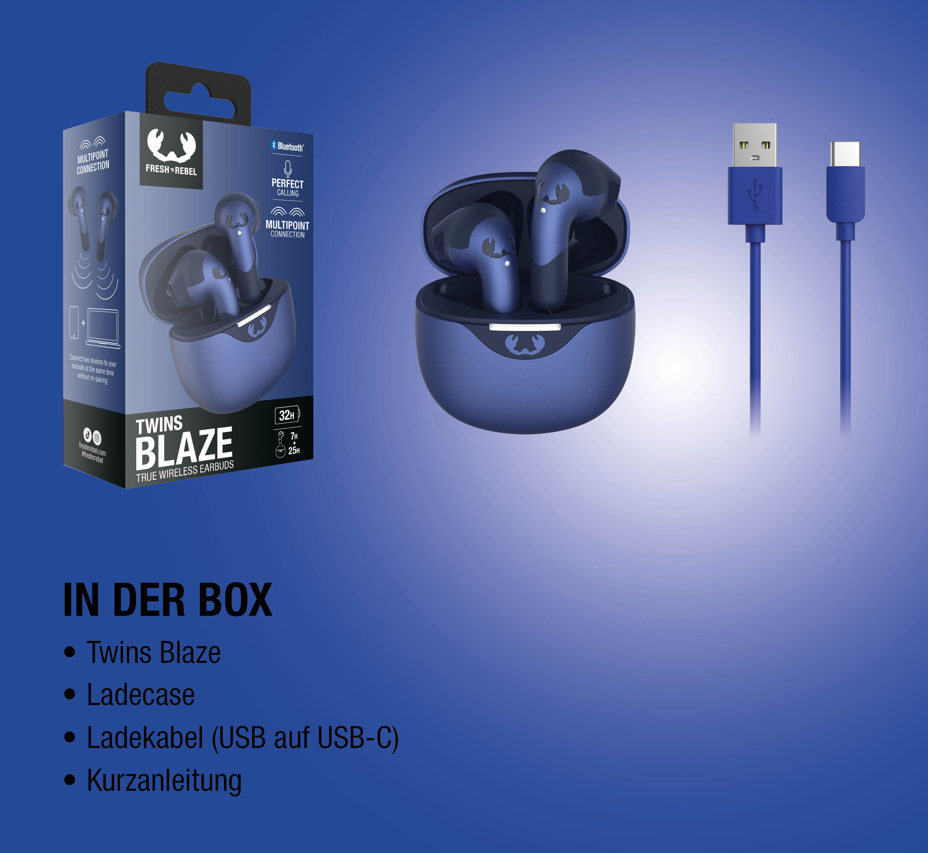 Blaue Fresh 'n Rebel Twins Blaze Ohrhörer mit Ladecase und USB-C Kabel.