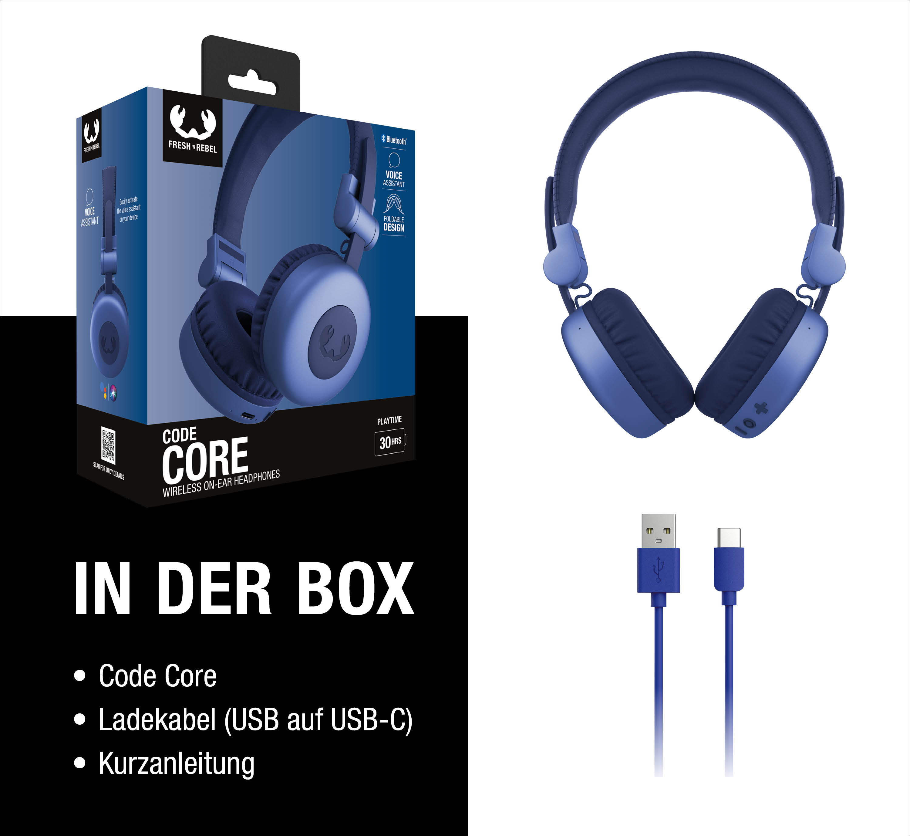 Blaue Fresh 'n Rebel Kopfhörer mit Ladekabel und Verpackung.