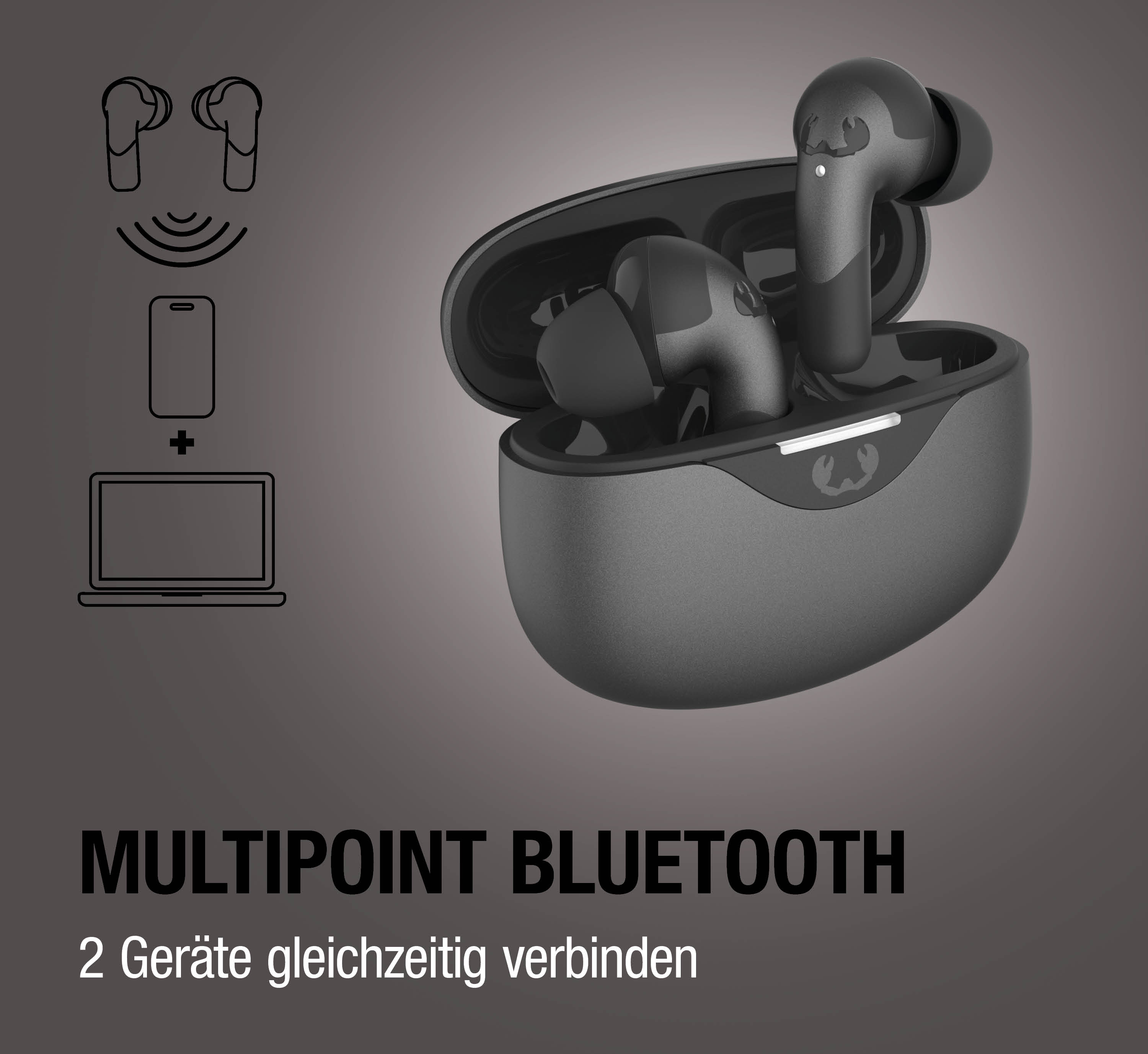 Drahtlose Kopfhörer im Ladecase, mit Symbolen für Bluetooth, Handy und Laptop.