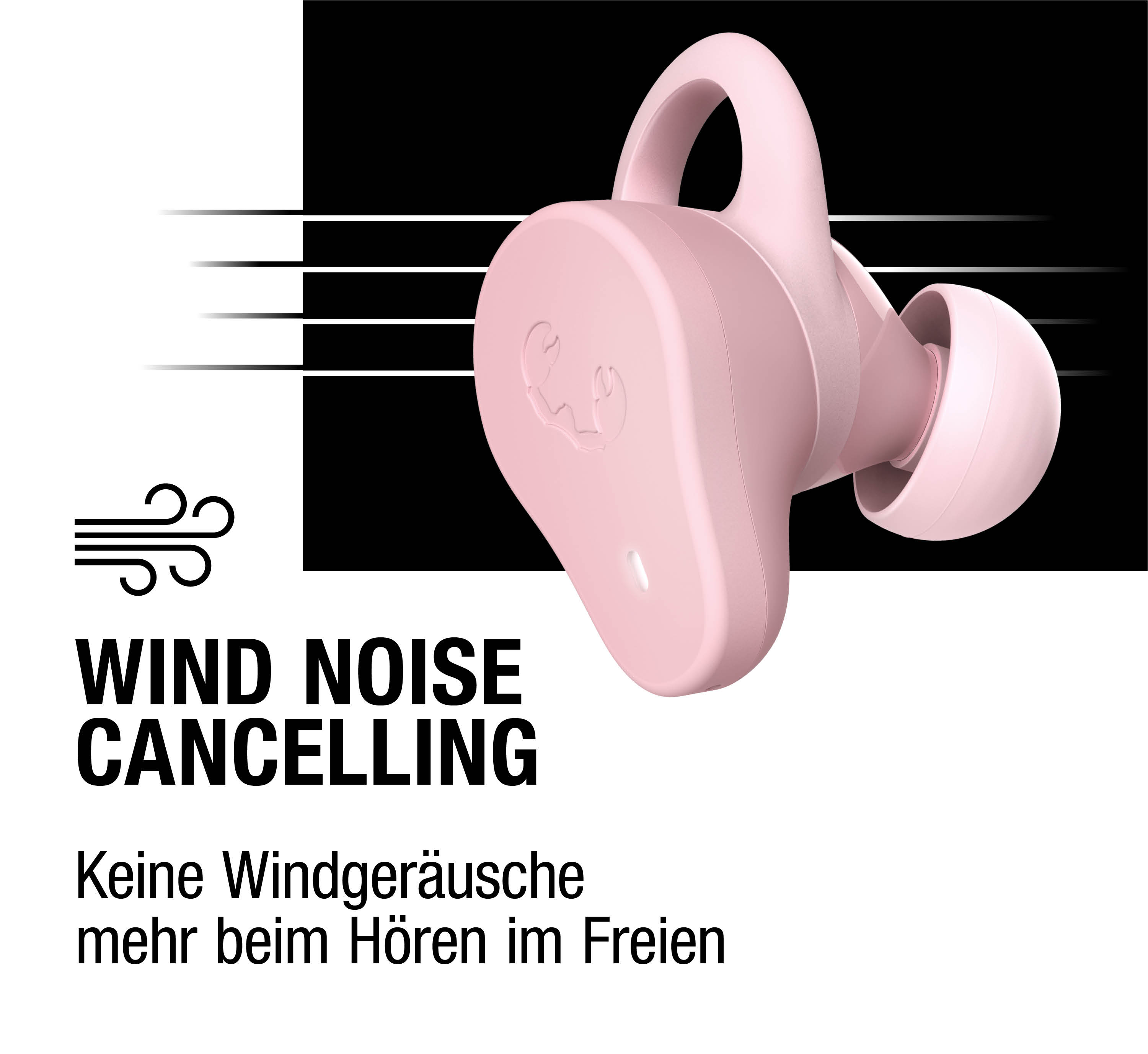 Un audífono rosa con símbolo de cancelación de ruido de viento y texto.