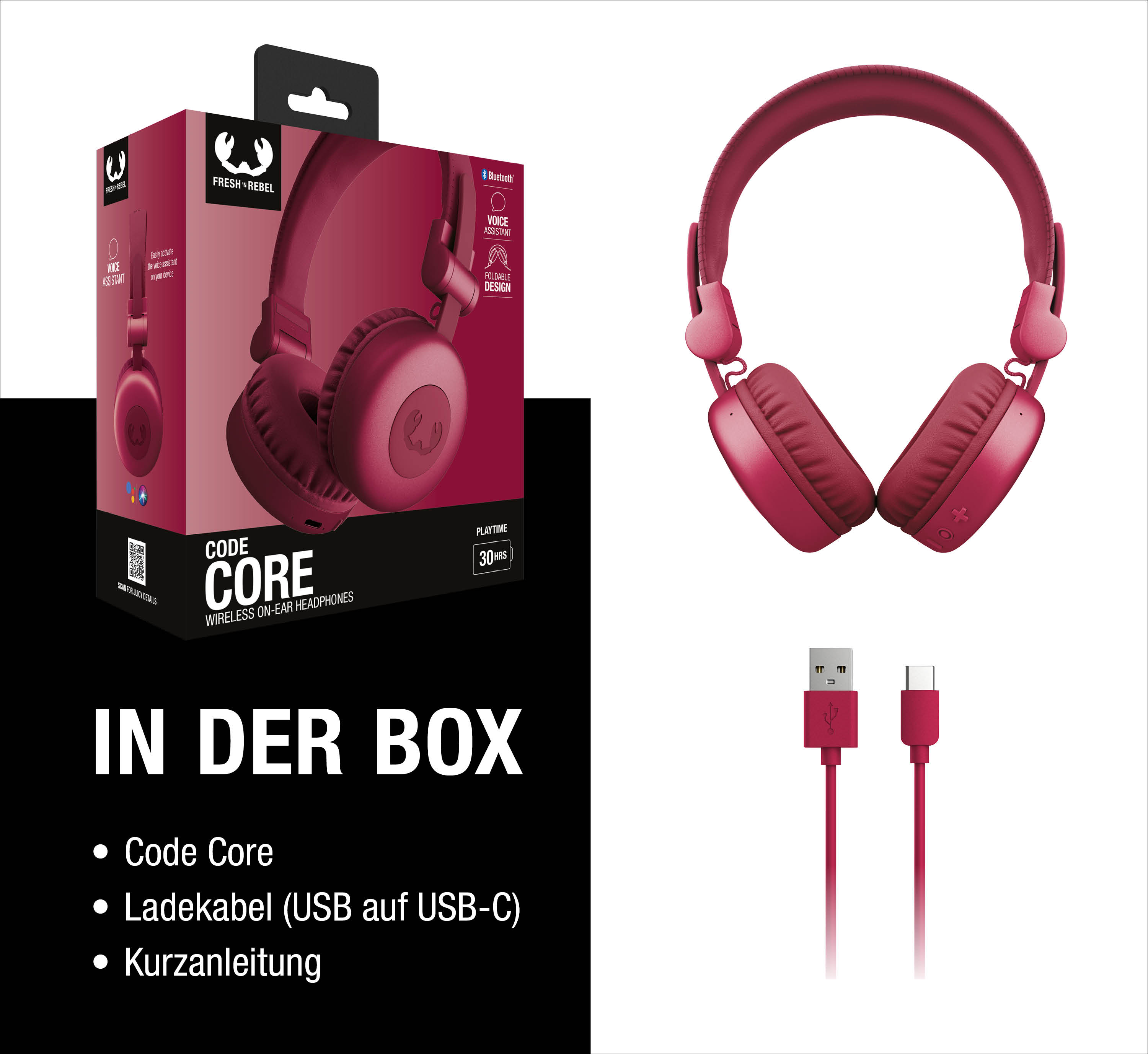 Un set di cuffie rosse con accessori e confezione. Cuffie wireless on-ear.
