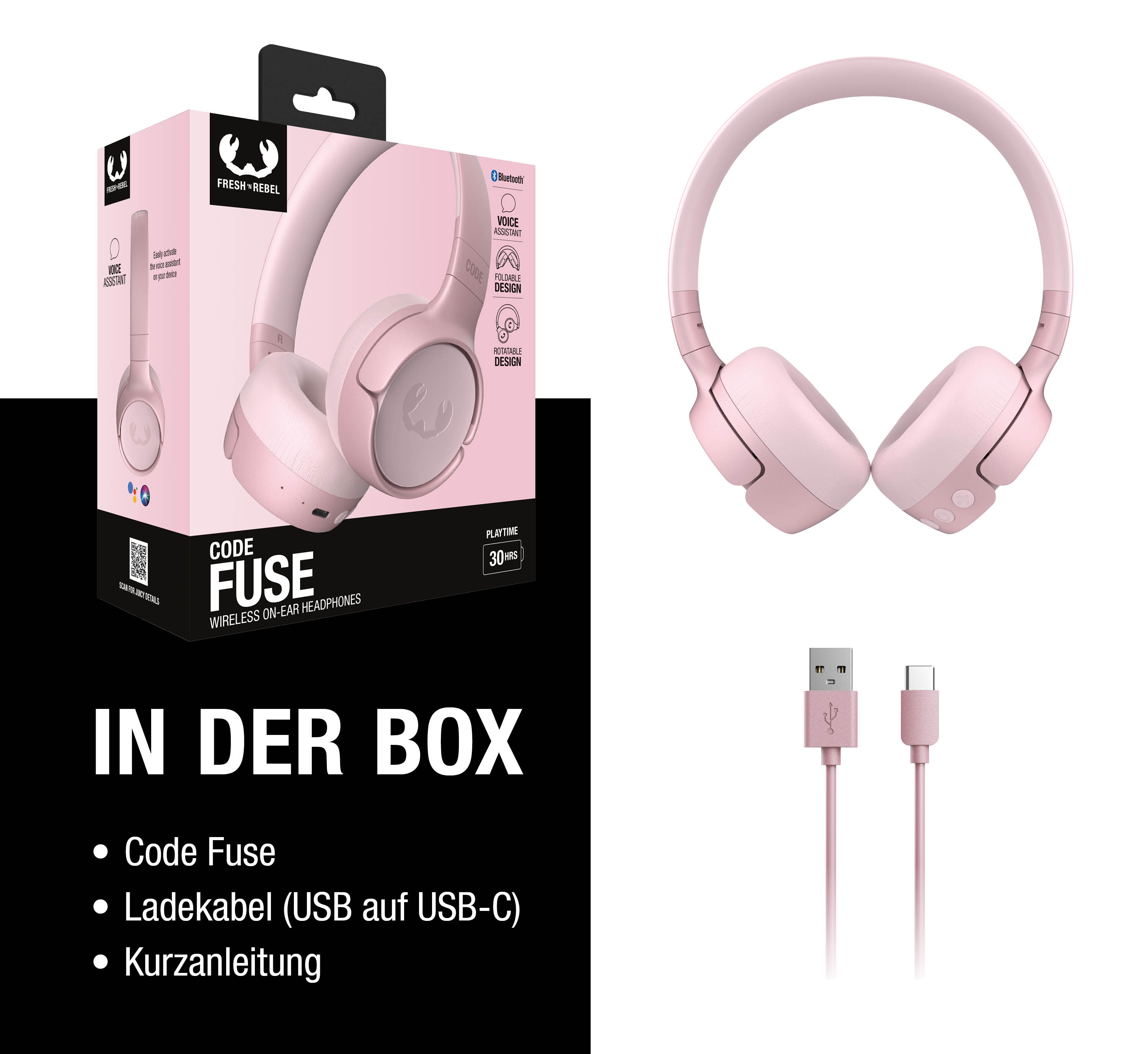 Auriculares rosas con embalaje, cable de carga y manual. Marca: Fresh 'n Rebel.
