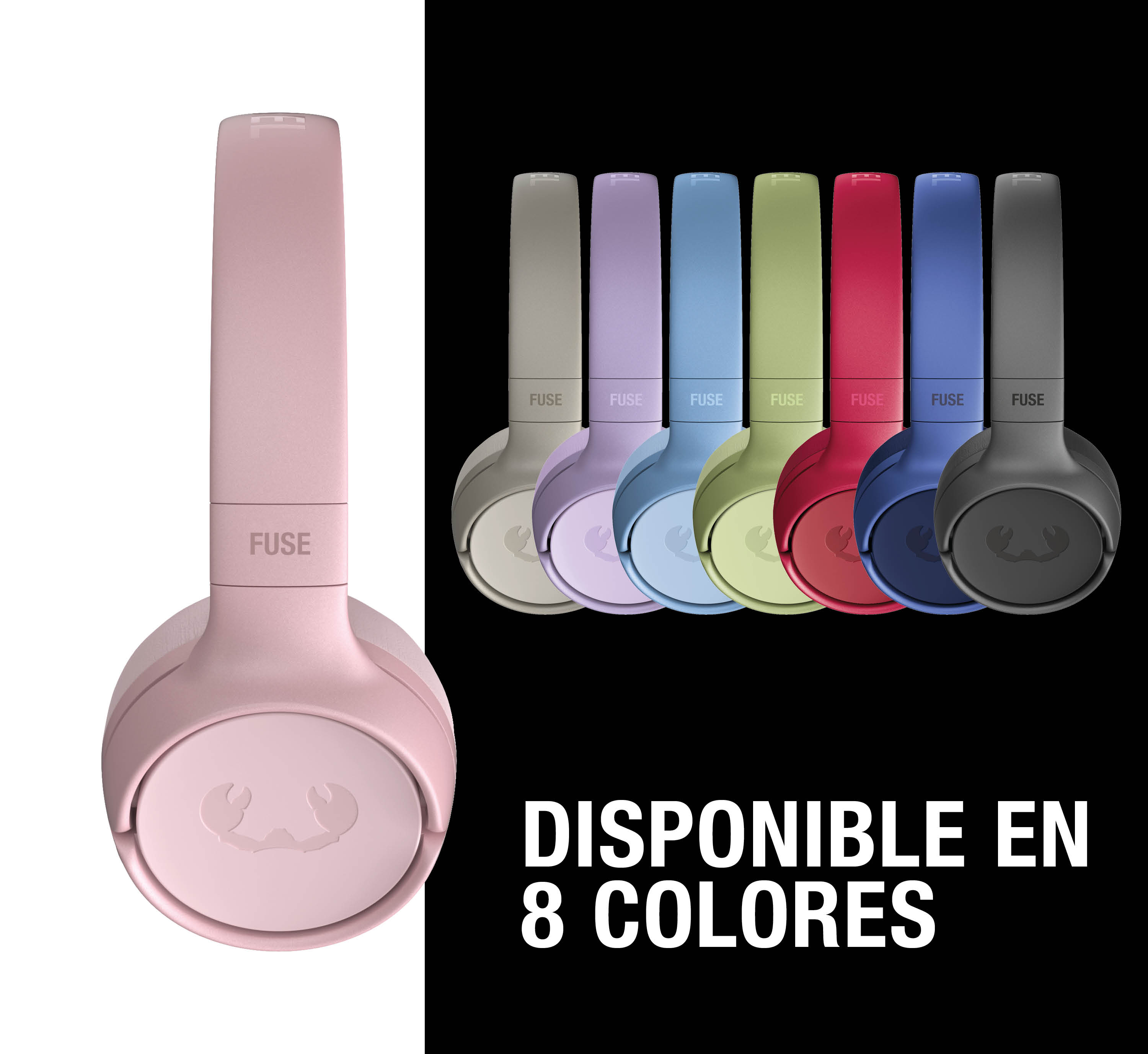 Un audífono rosa a la izquierda, junto a ocho audífonos de colores sobre fondo negro.