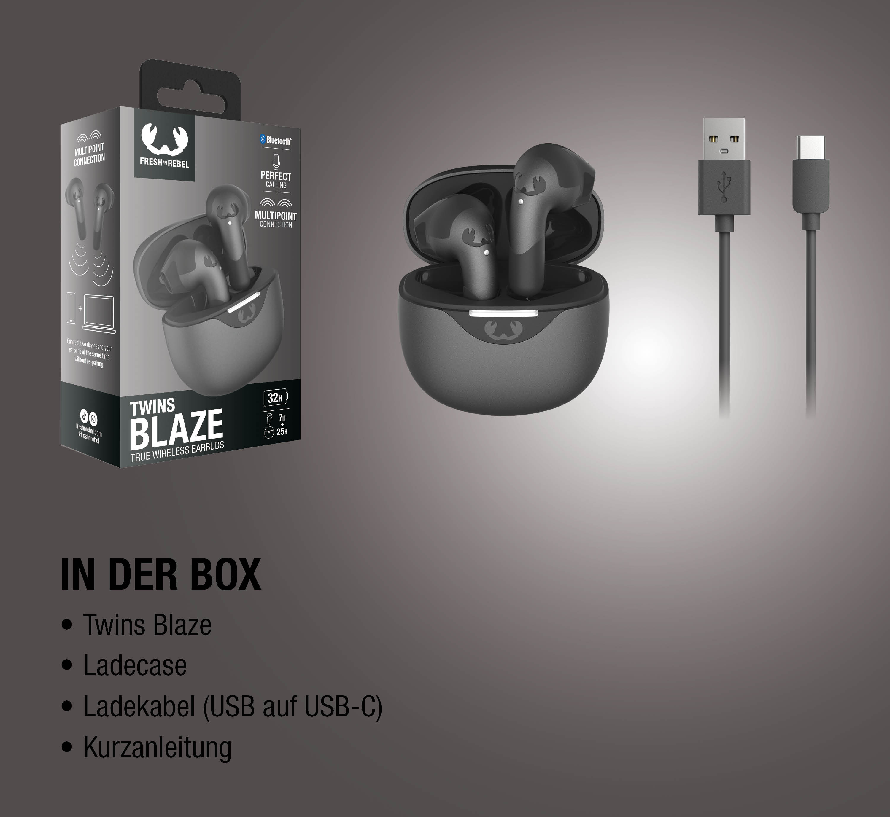 Schwarze True Wireless Earbuds 'Twins Blaze' mit Ladecase und Kabeln.
