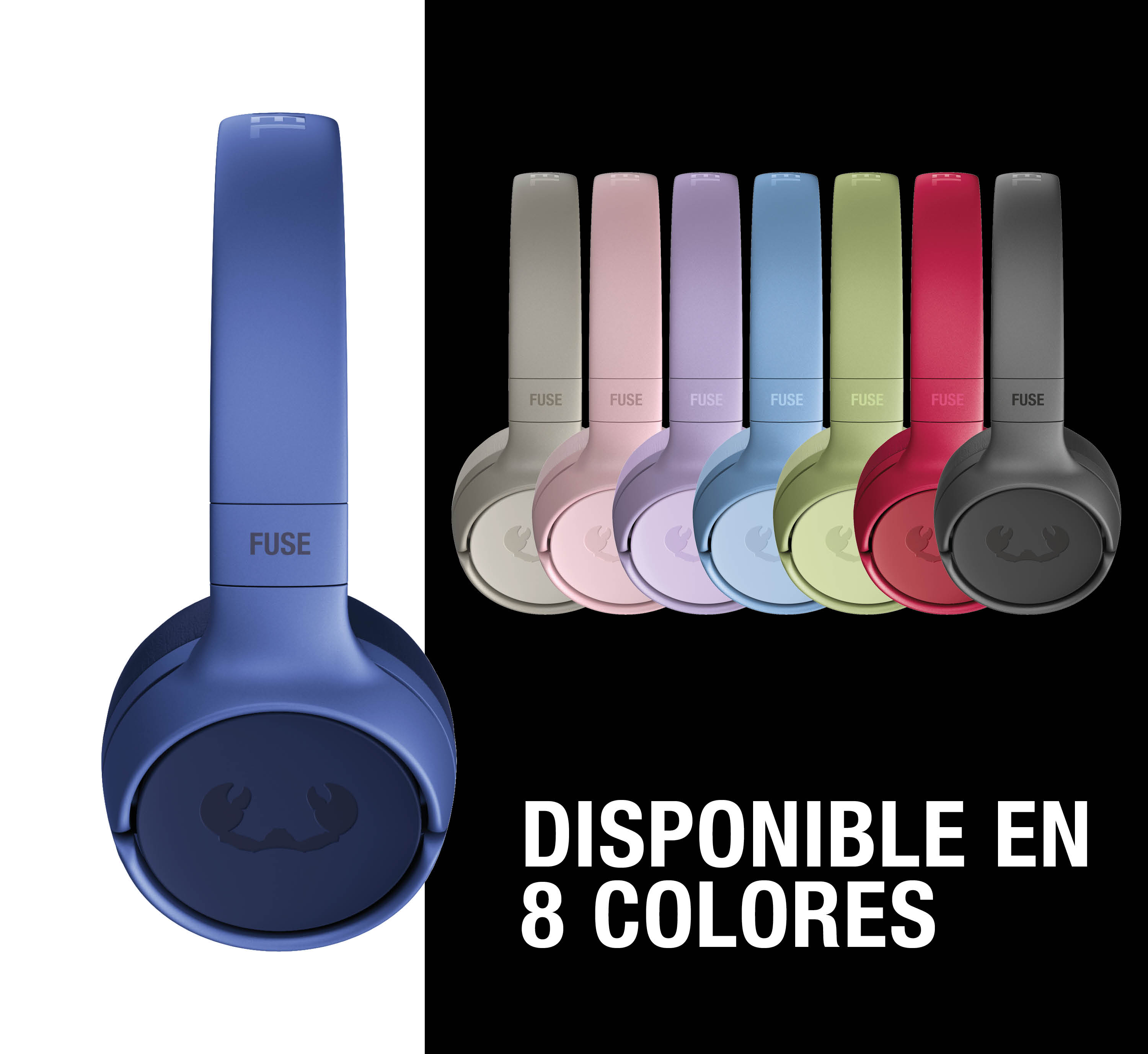 Un audífono azul a la izquierda, junto a otros ocho en gris, rosa, morado, azul, verde, rojo, negro.