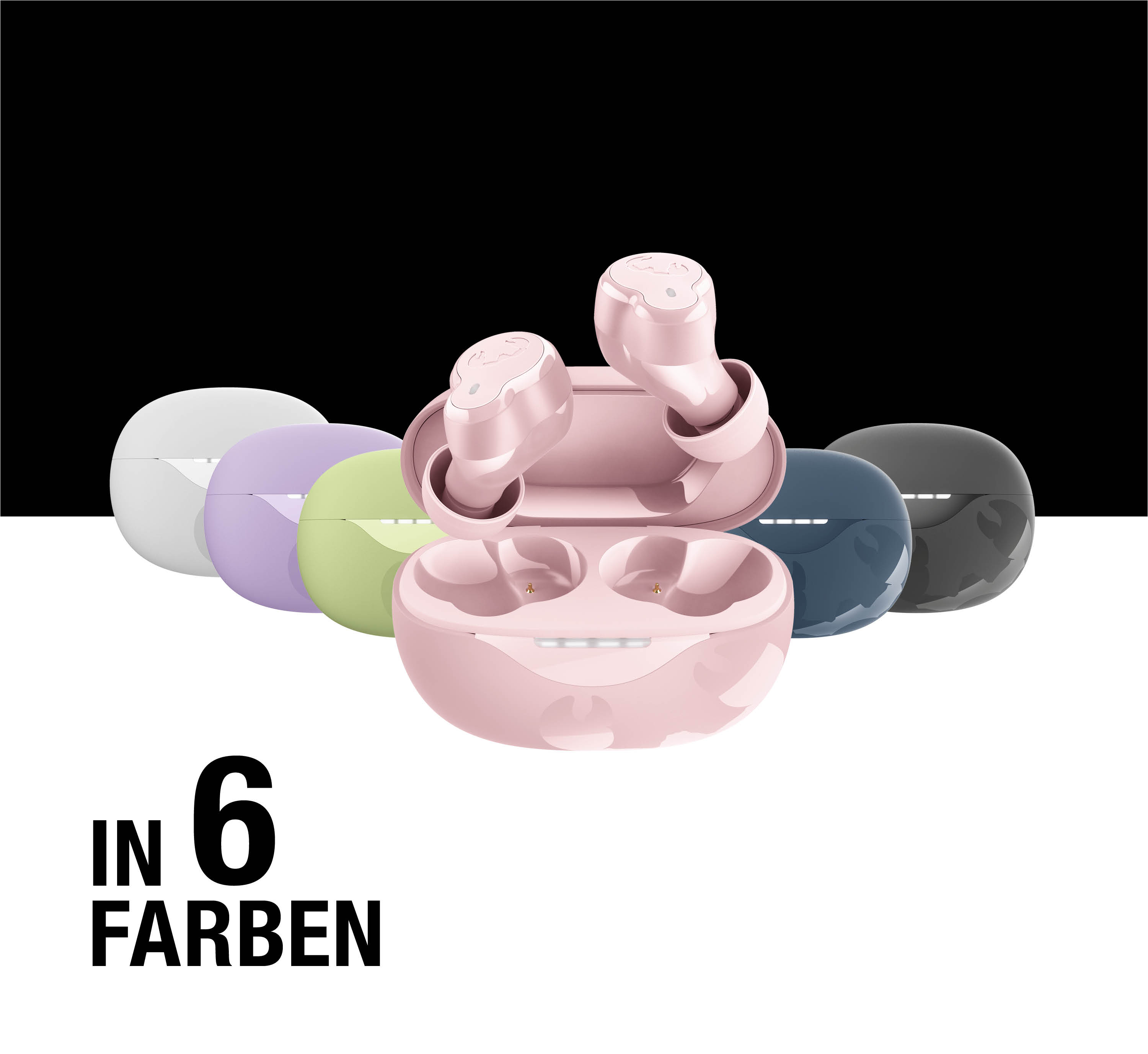 Sechs farbige Kopfhörer-Sets, darunter ein rosa Set im Vordergrund.