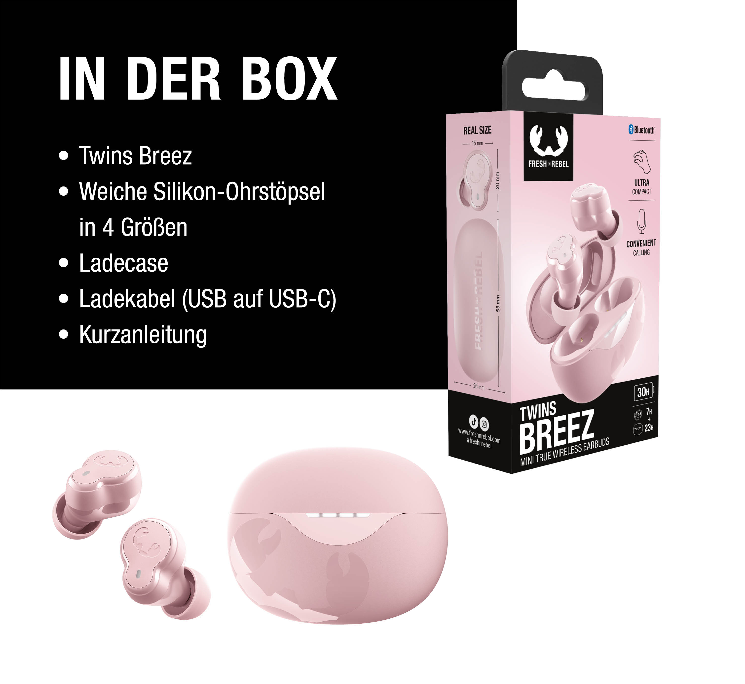 Rosa Ladecase und Ohrhörer von Fresh'n Rebel mit deutscher Anleitung.