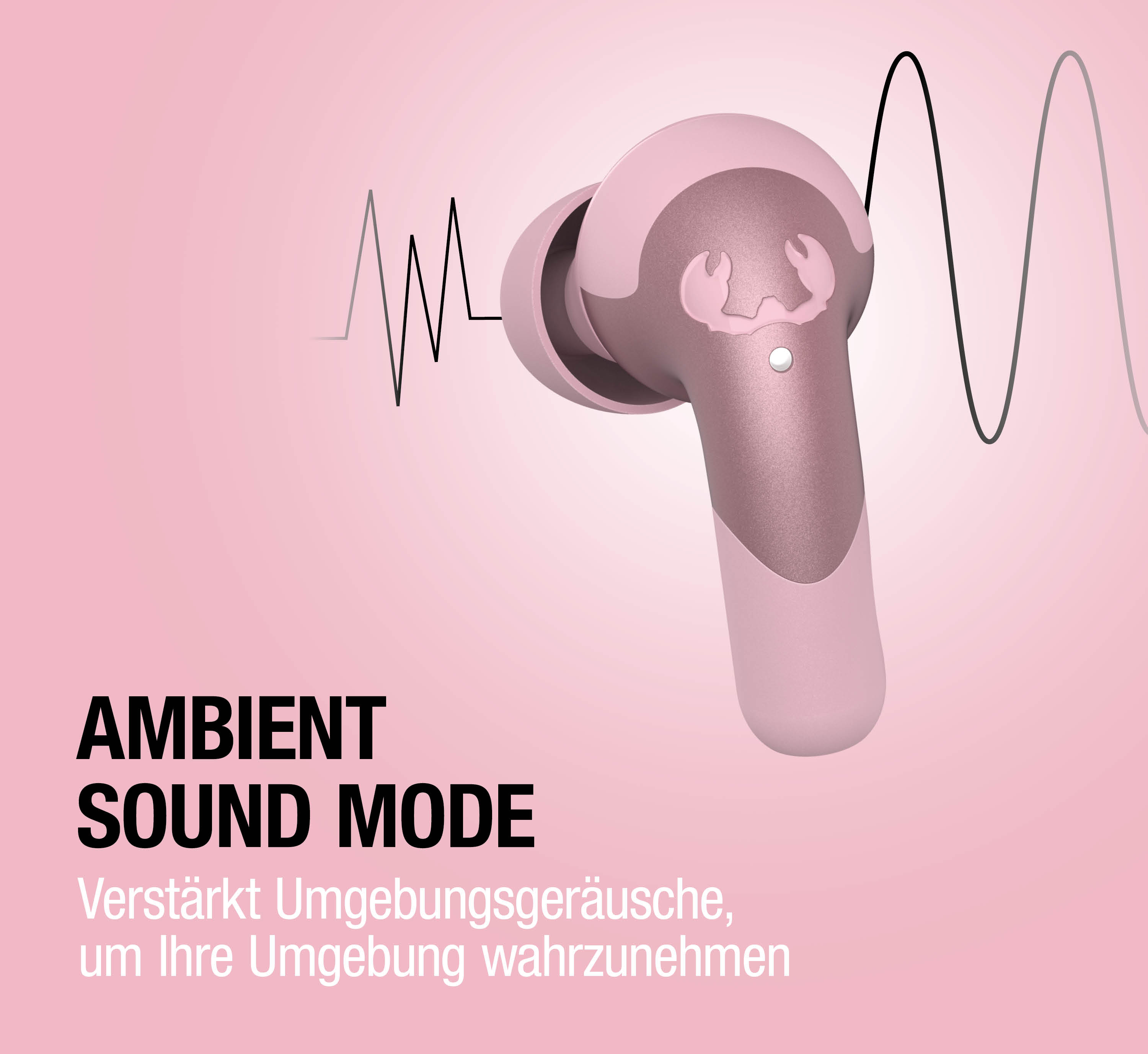 Ein rosafarbener Kopfhörer mit einem Krabben-Logo und Schallwellen.