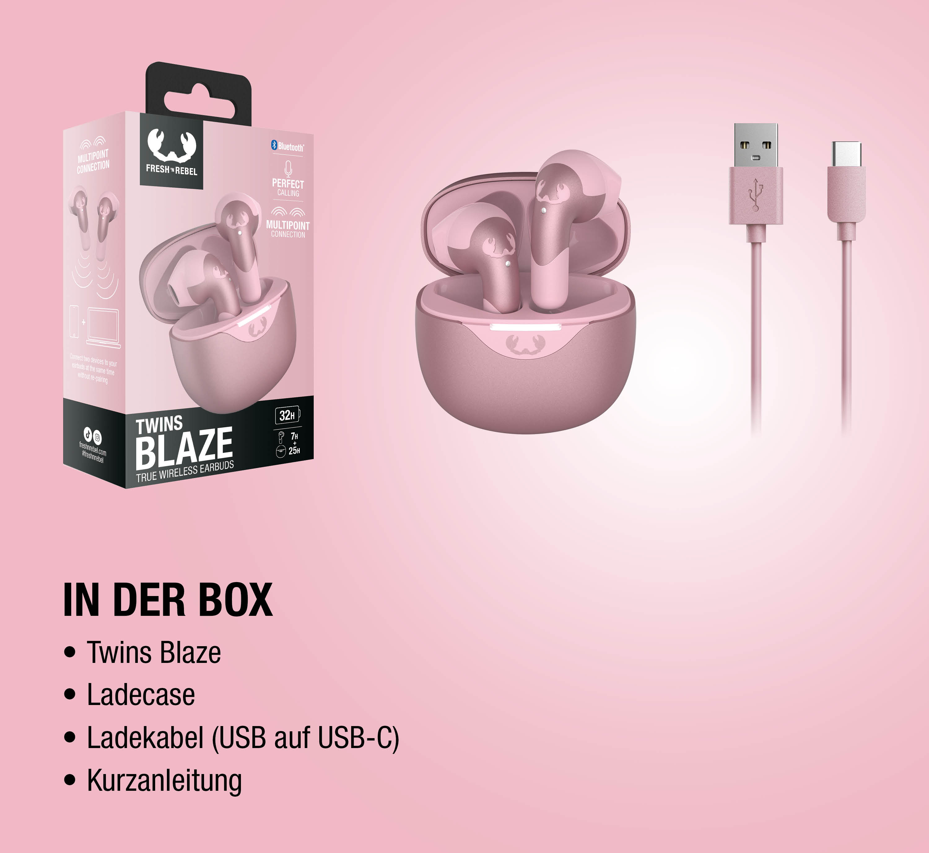 Rosa Fresh 'n Rebel Twins Blaze Ohrhörer mit Ladecase und USB-C Kabel.
