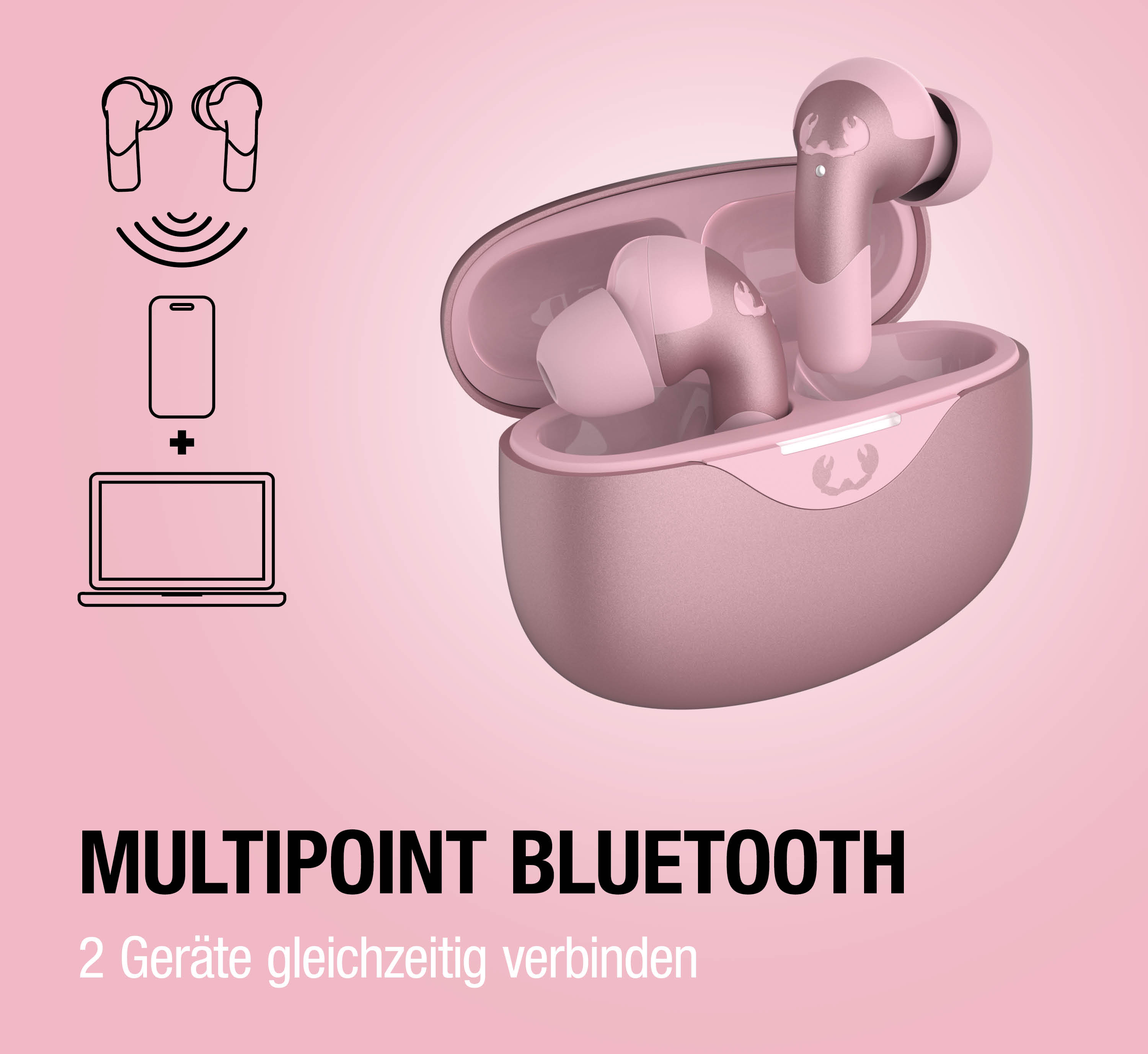Rosa Kopfhörer im Ladecase, mit Symbolen für Bluetooth-Verbindung.