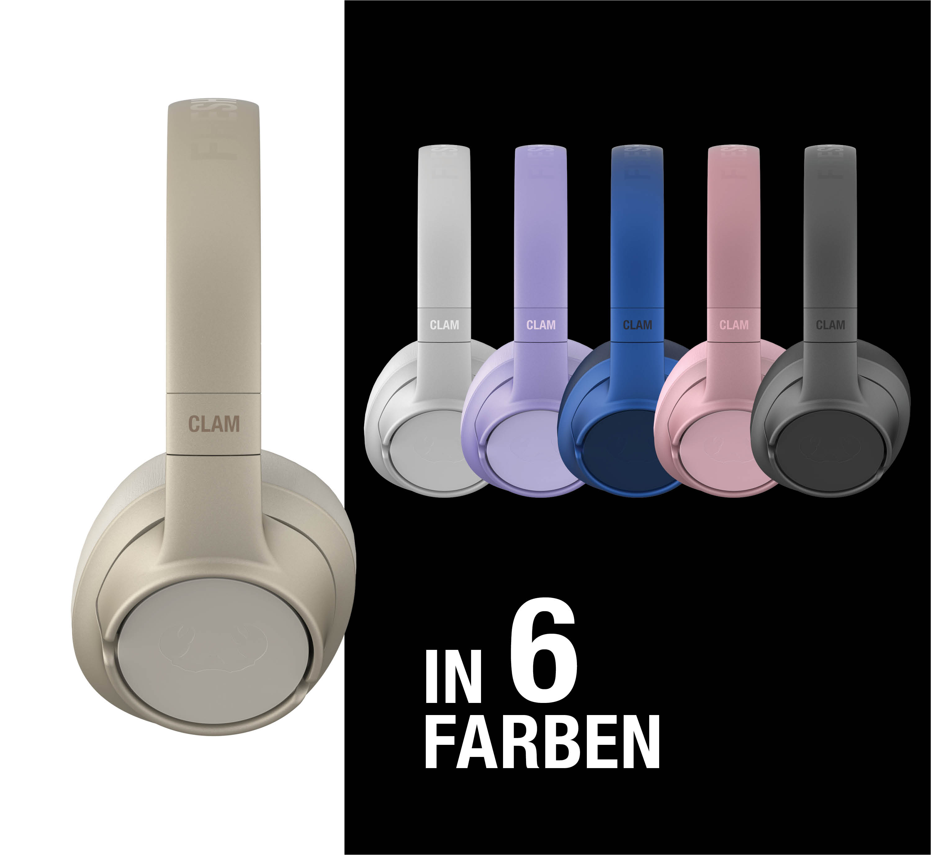 Sechs Kopfhörer in verschiedenen Farben: beige, weiß, lila, blau, rosa, grau.