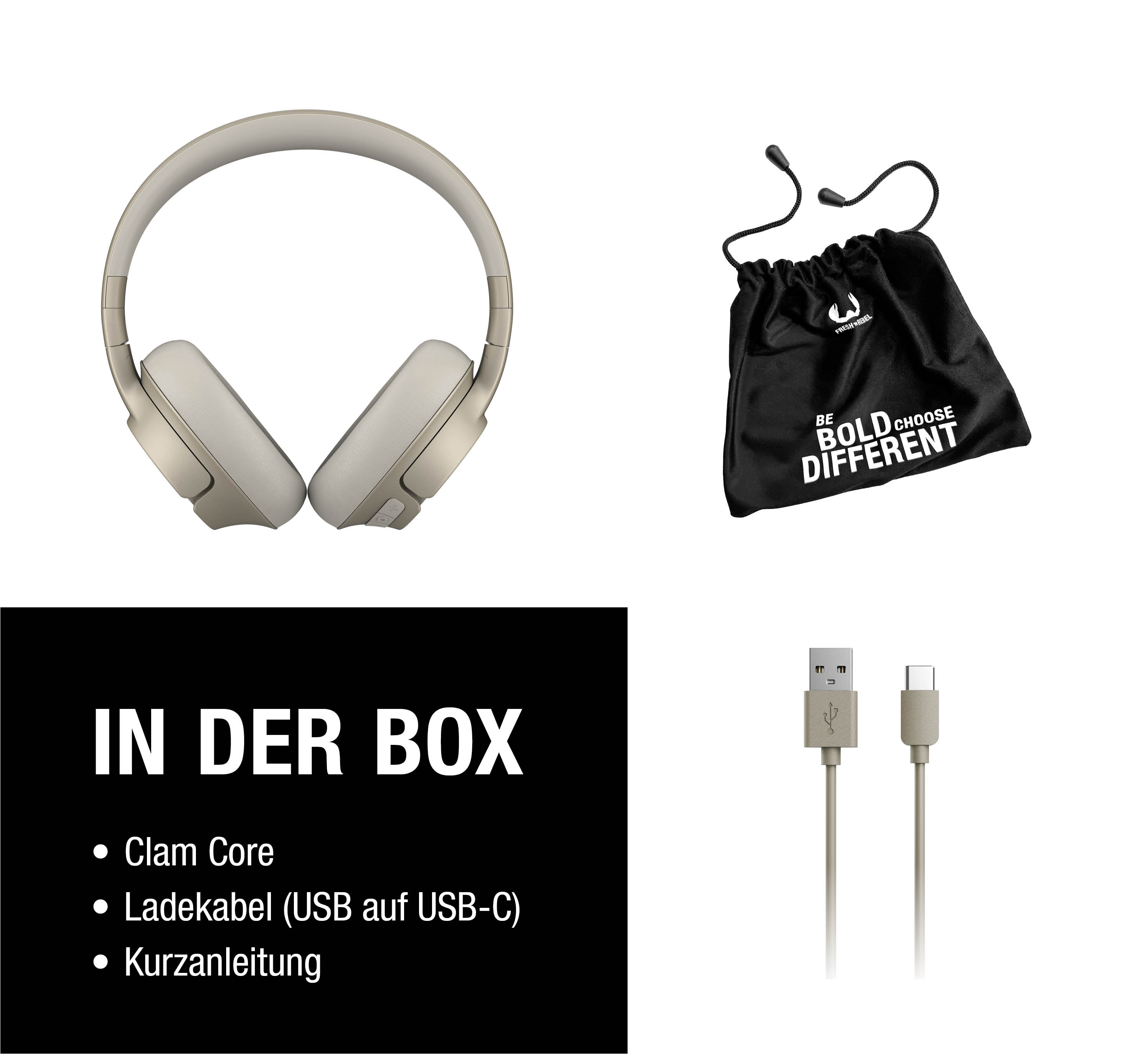 Graue Kopfhörer, schwarze Tasche mit Aufdruck, USB-C-Kabel und Text 'IN DER BOX'.