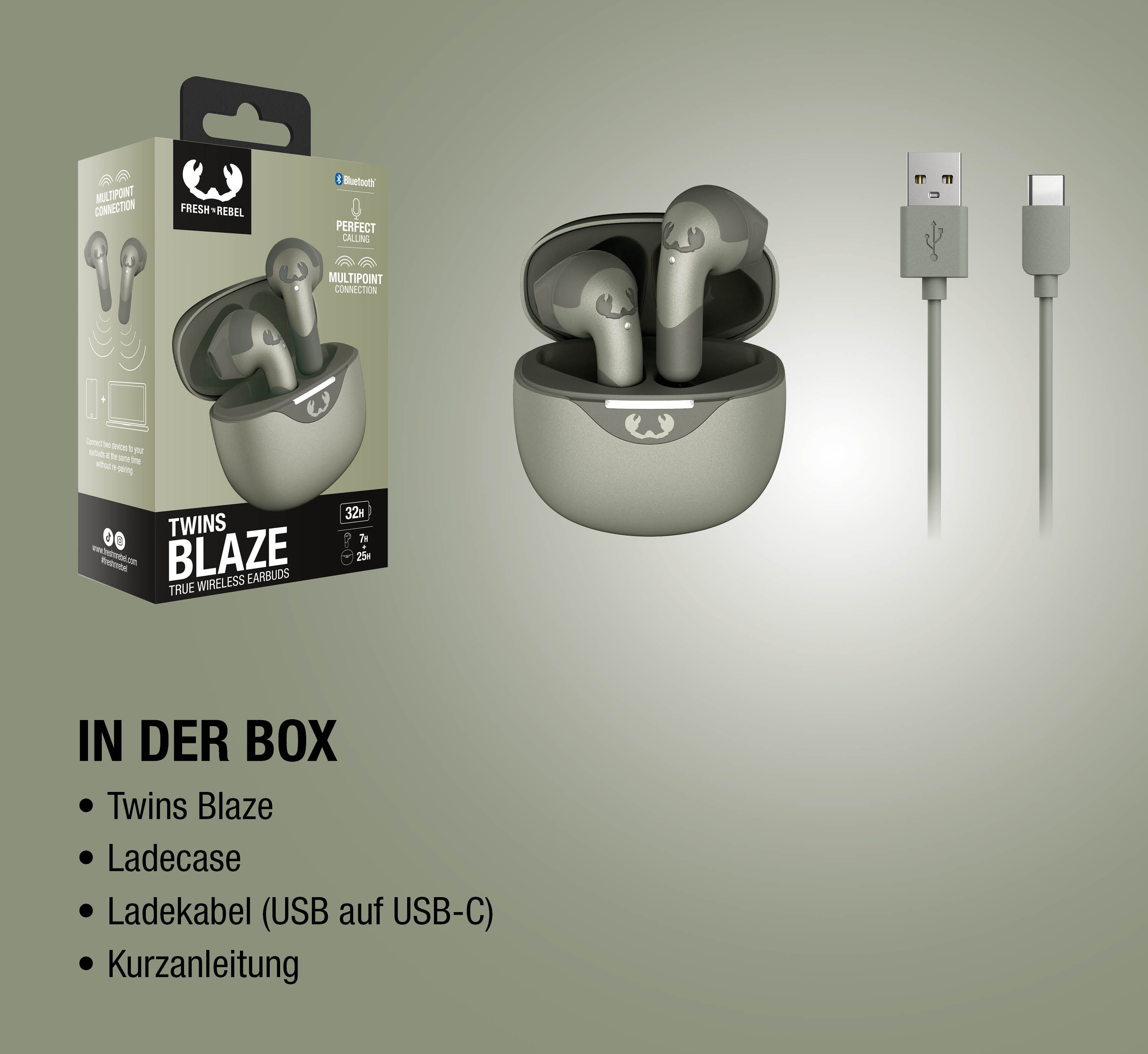 Fresh 'n Rebel Twins Blaze Ohrhörer mit Ladecase und USB-C Kabel.