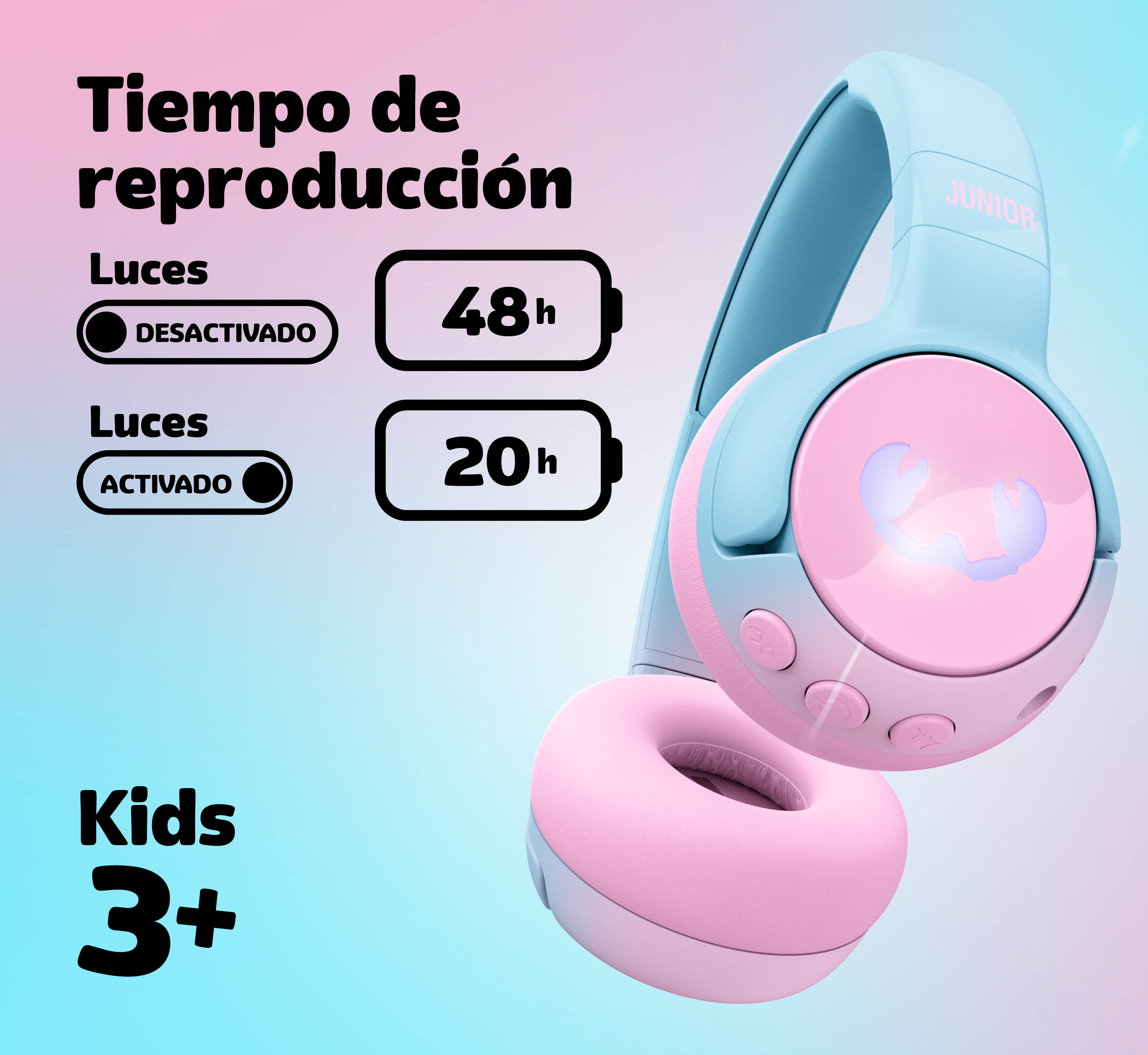 Auriculares azules y rosas para niños, con opciones de tiempo de reproducción.