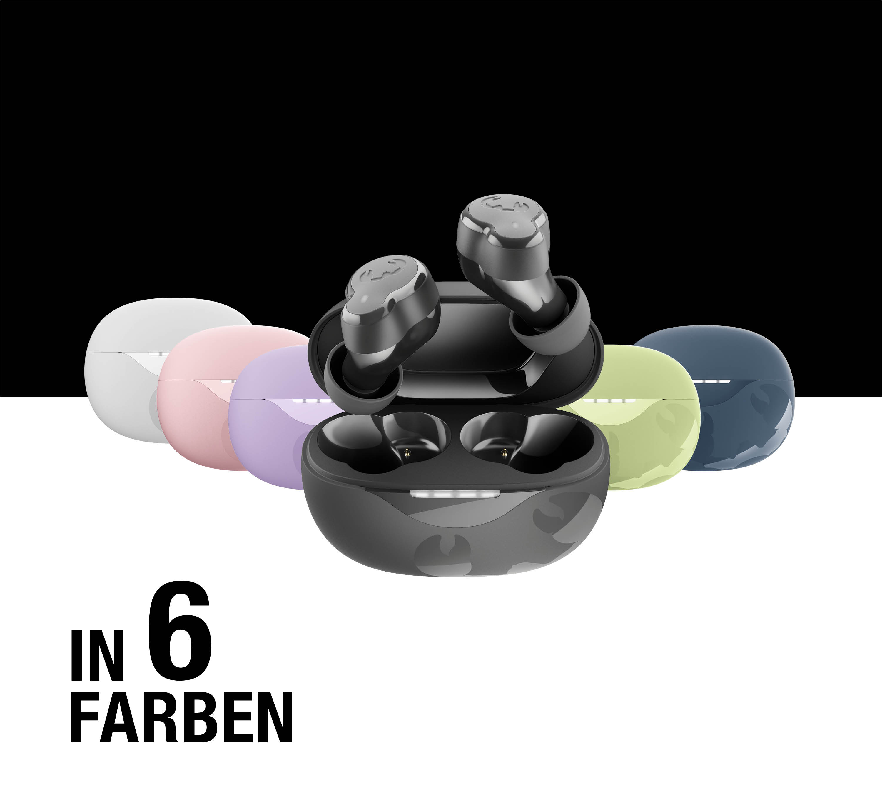 Sechs bunte Ladeboxen für kabellose Ohrhörer, eine davon offen.