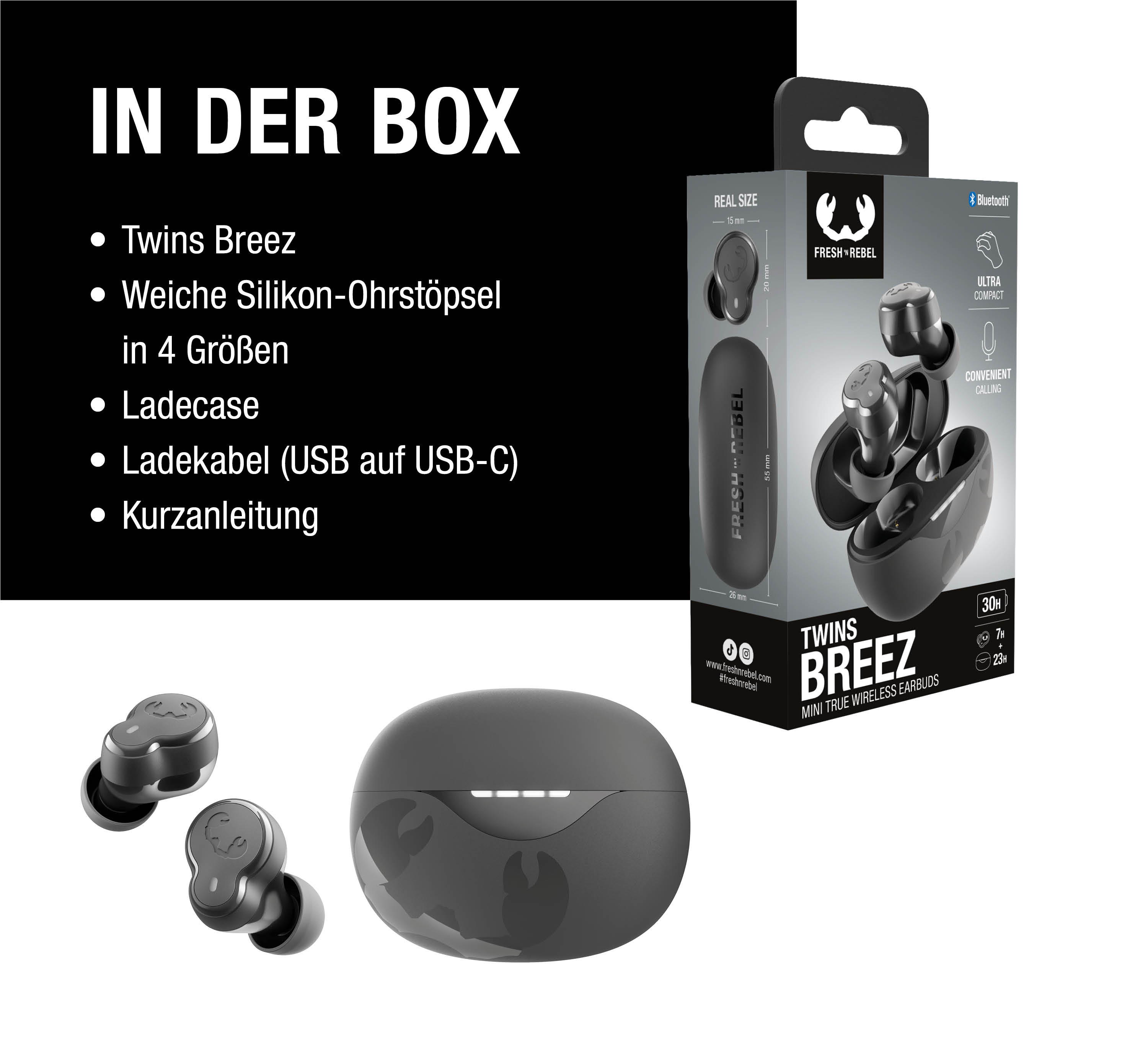 Verpackungsinhalt: Ohrhörer, Ladecase, Ladekabel, Anleitung. Ohrhörer sind schwarz.
