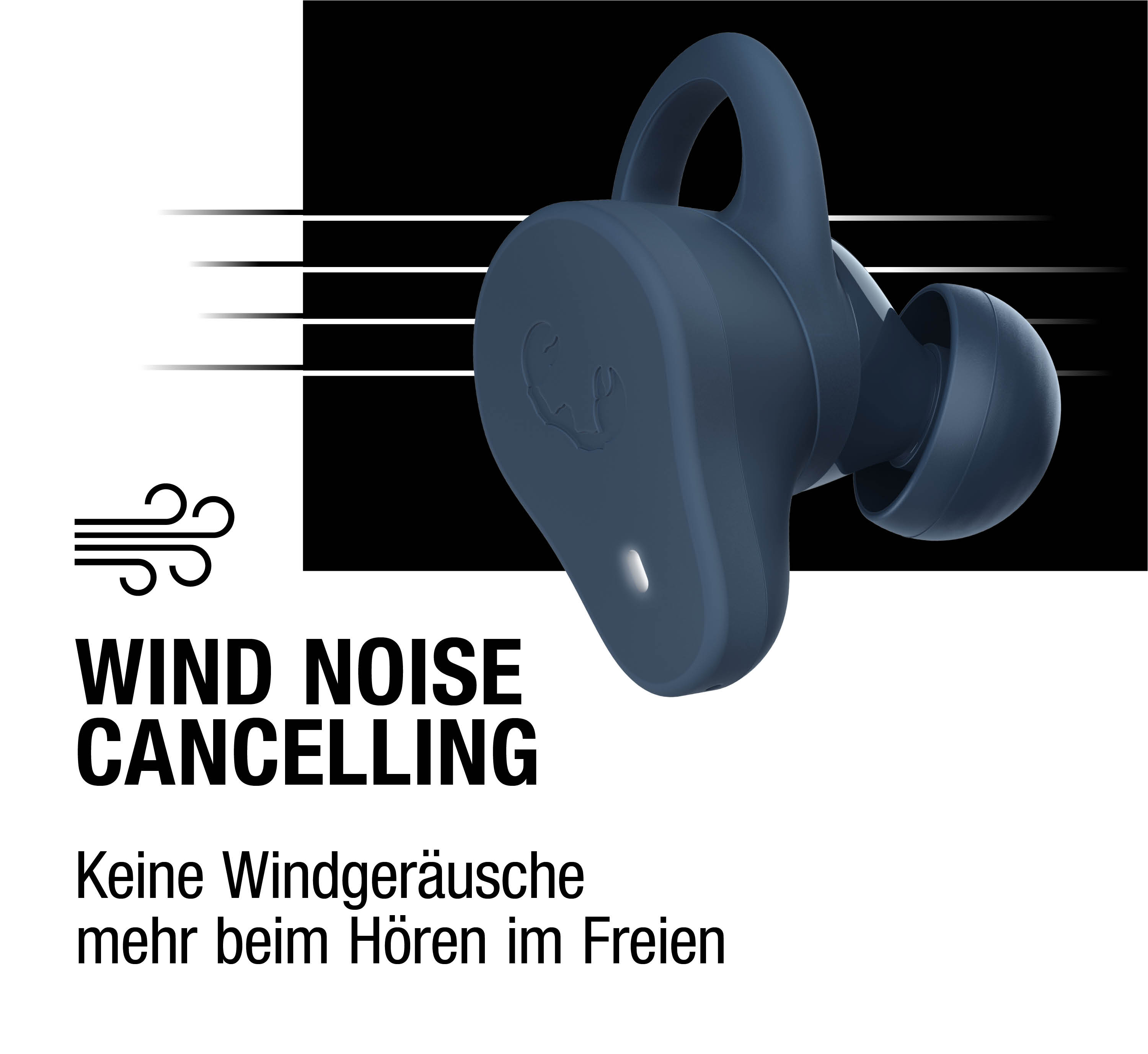 Eine blaue kabellose Ohrhörer mit Windgeräuschunterdrückungssymbol.