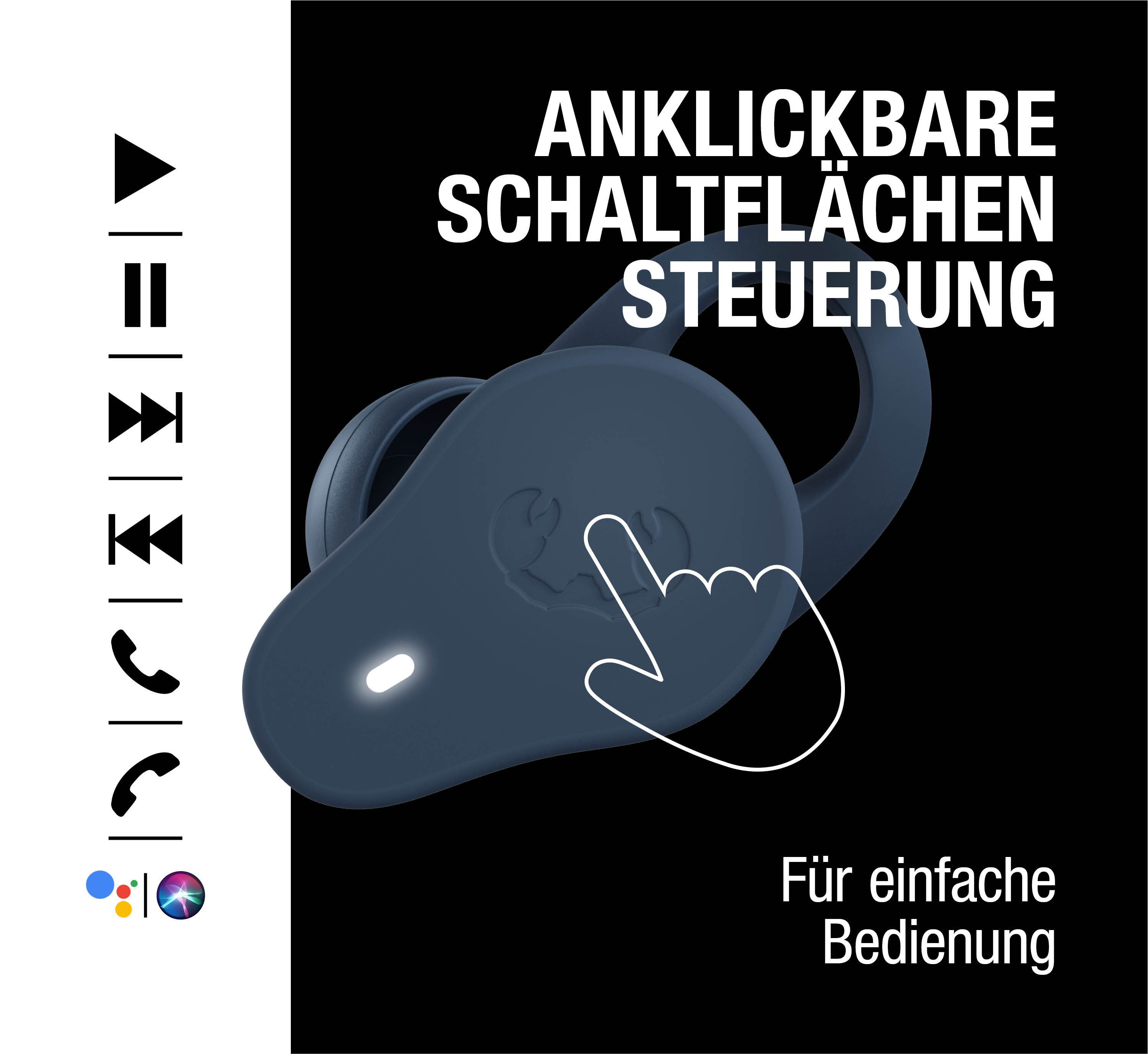 Dunkelblaues Earbud mit Touch-Steuerung, Play/Pause-Symbolen und Telefon-Symbol.