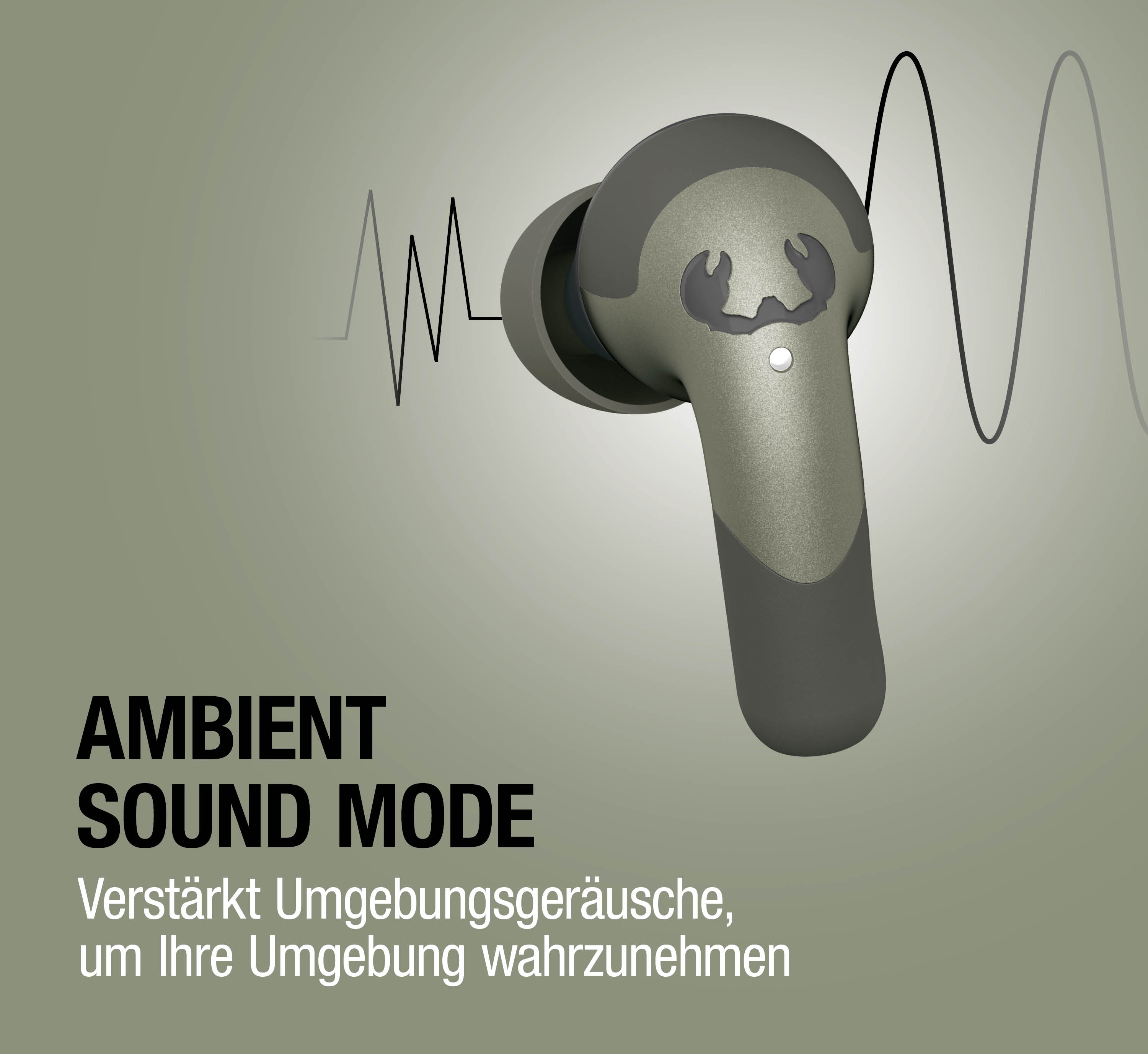 Ein grauer Ohrhörer mit Krabbenlogo neben Schallwellengrafiken.