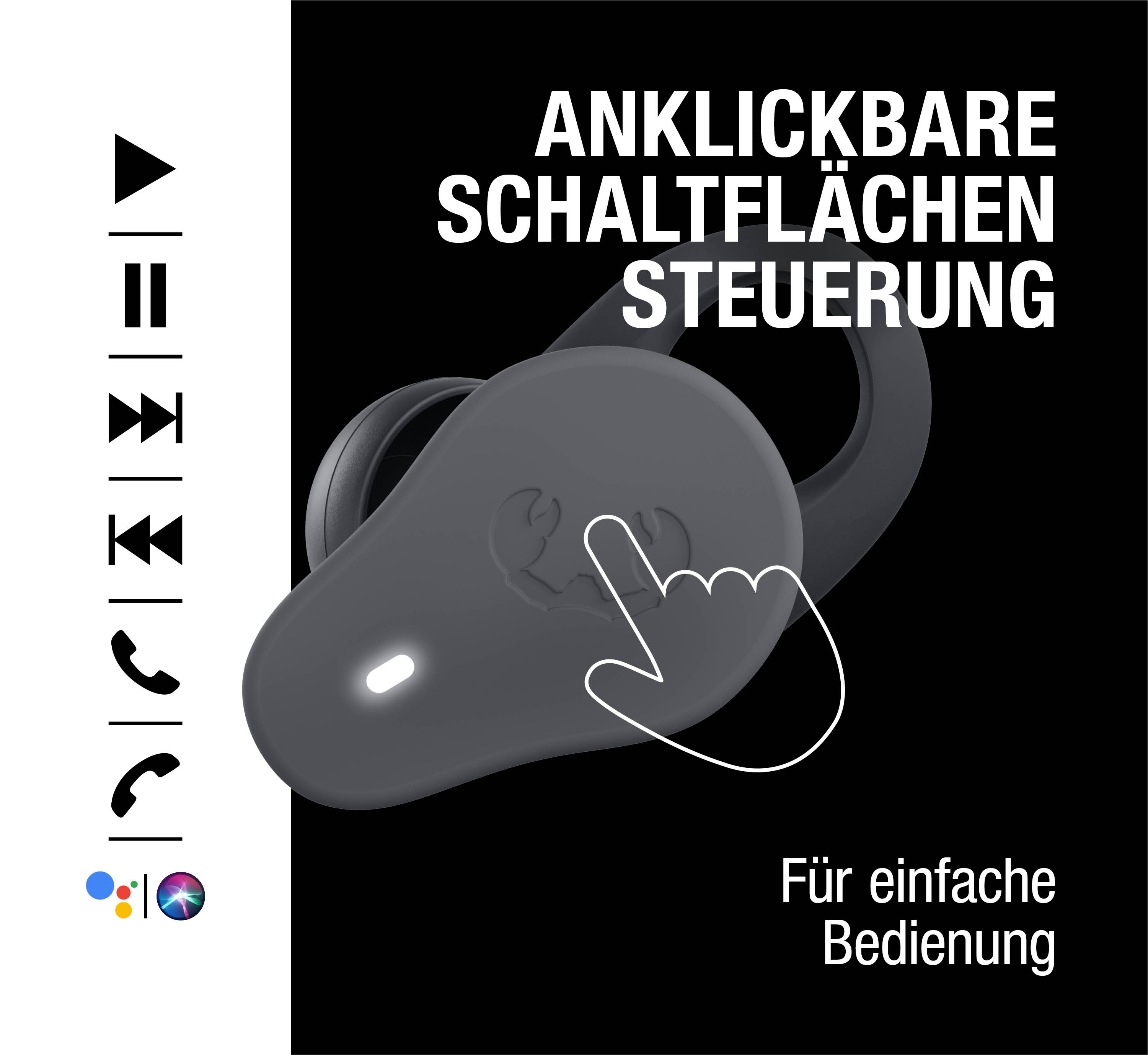 Grauer Kopfhörer mit Touch-Steuerung und Icons für Wiedergabe, Anruf und Sprachassistent.